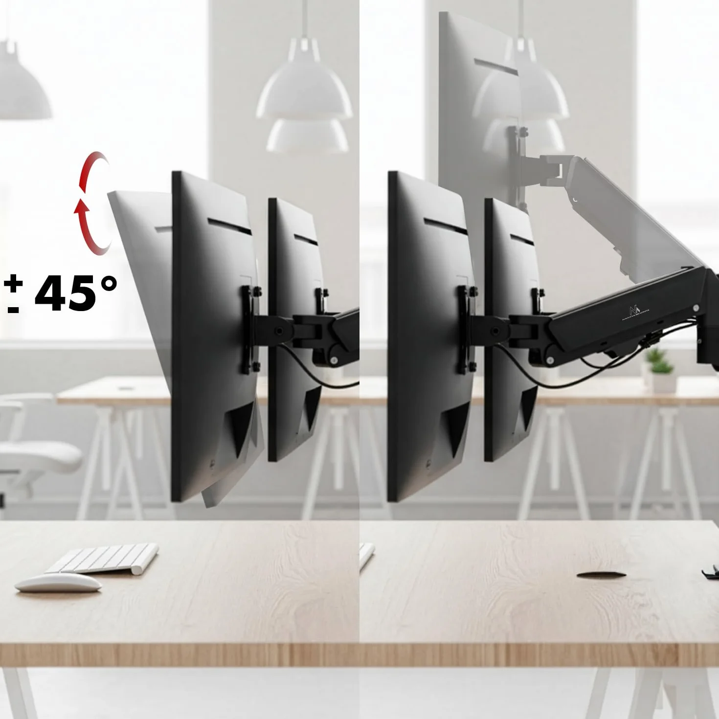 Maclean MC-136 podwójny uchwyt na monitor 17-32", ze sprężyną gazową, regulacja wysokości, ergonomiczne, wychylne ramię monitora, do biura, domowego biura i gier, czarny