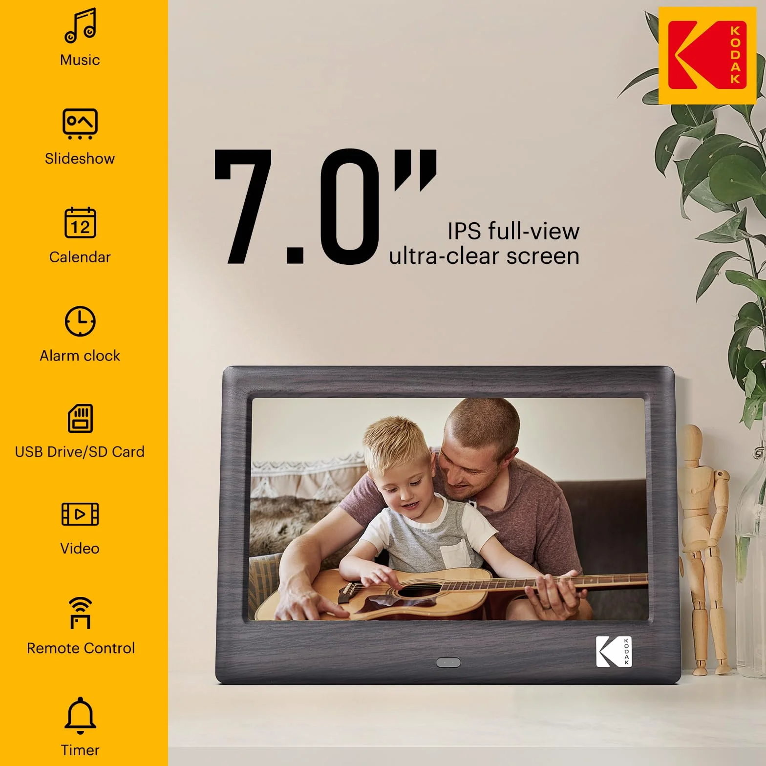 KODAK Cyfrowa ramka na zdjęcia 7", elektroniczna ramka na zdjęcia, ekran IPS, odtwarzacz zdjęć, muzyki, wideo, kalendarz, alarm, obsługa kart USB lub SD, automatycznie obracana, z pilotem zdalnego