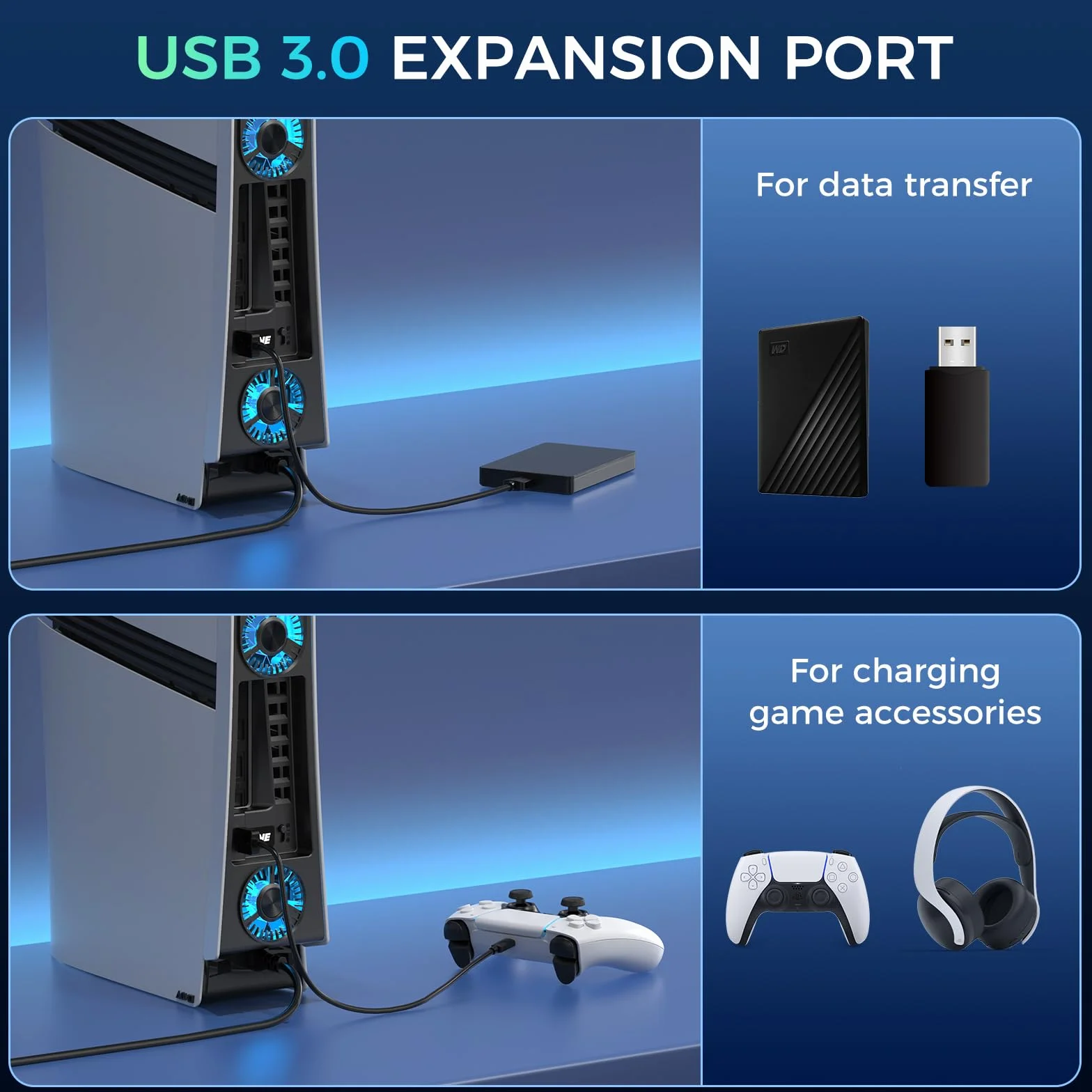 Wentylator chłodzący do PS5 Pro, wydajny wentylator chłodzący z regulowaną prędkością/światłem LED, akcesoria chłodzące PS5 PRO z portem USB 3.0