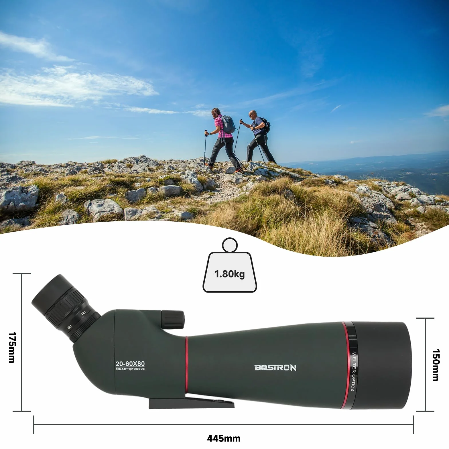 Luneta Obserwacyjna 20-60x80, Monokular z Pryzmatem Porro, FMC, Statyw, Adapter do Smartfona, 45° Okular, do Obserwacji Ptaków i Polowań