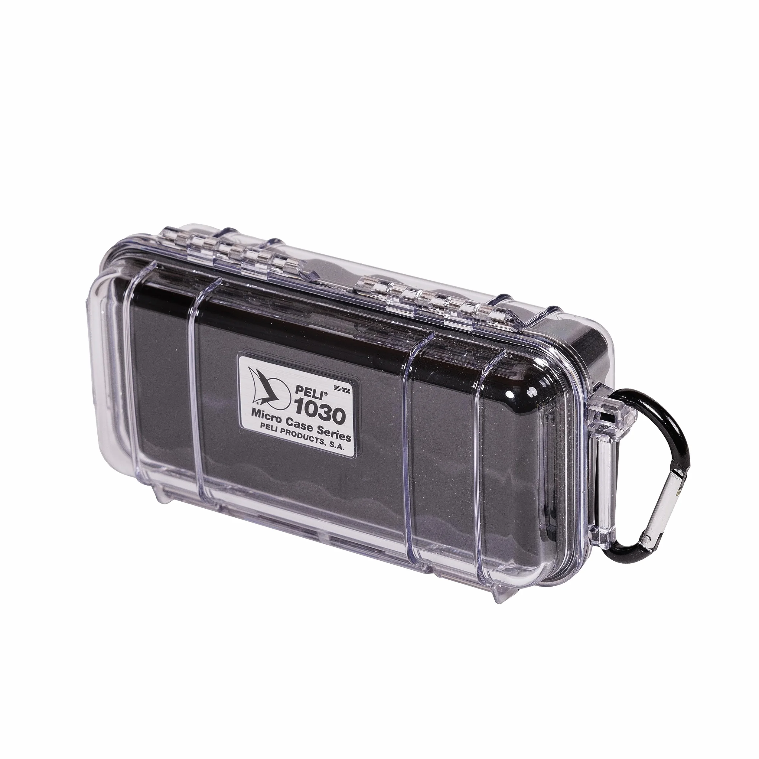 PELI 1030 Mała skrzynia podróżna na urządzenia elektroniczne, wodoszczelna i pyłoszczelna (IP67), pojemność 0,6 l, wyprodukowana w USA, przezroczysta/czarna wkładka