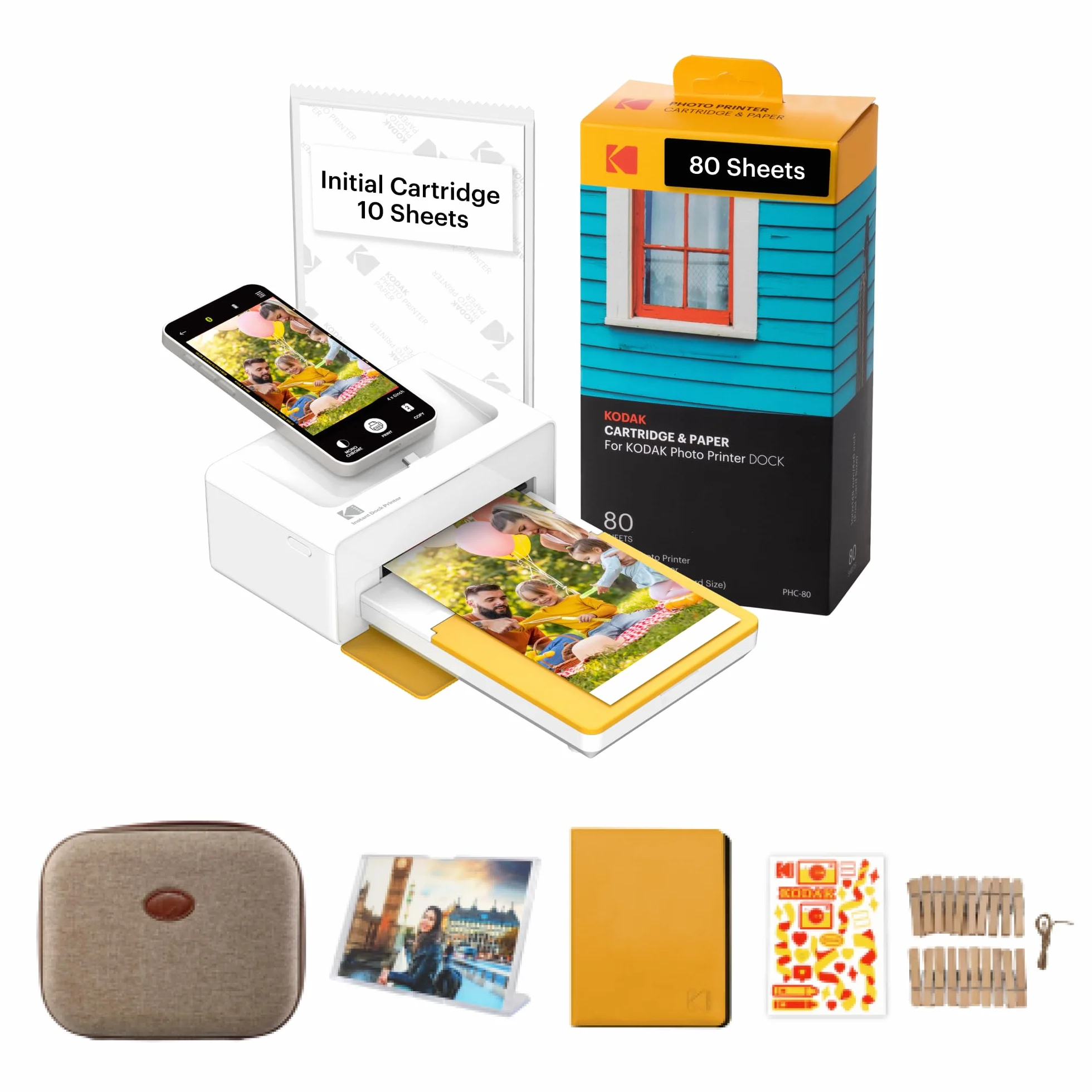 KODAK Dock Plus PD460 Zestaw 90 przyborów fotograficznych i akcesoriów, przenośna drukarka fotograficzna do smartfonów, natychmiastowe rysowanie zdjęć 10x15cm, iOS i Android, Bluetooth i Docking -