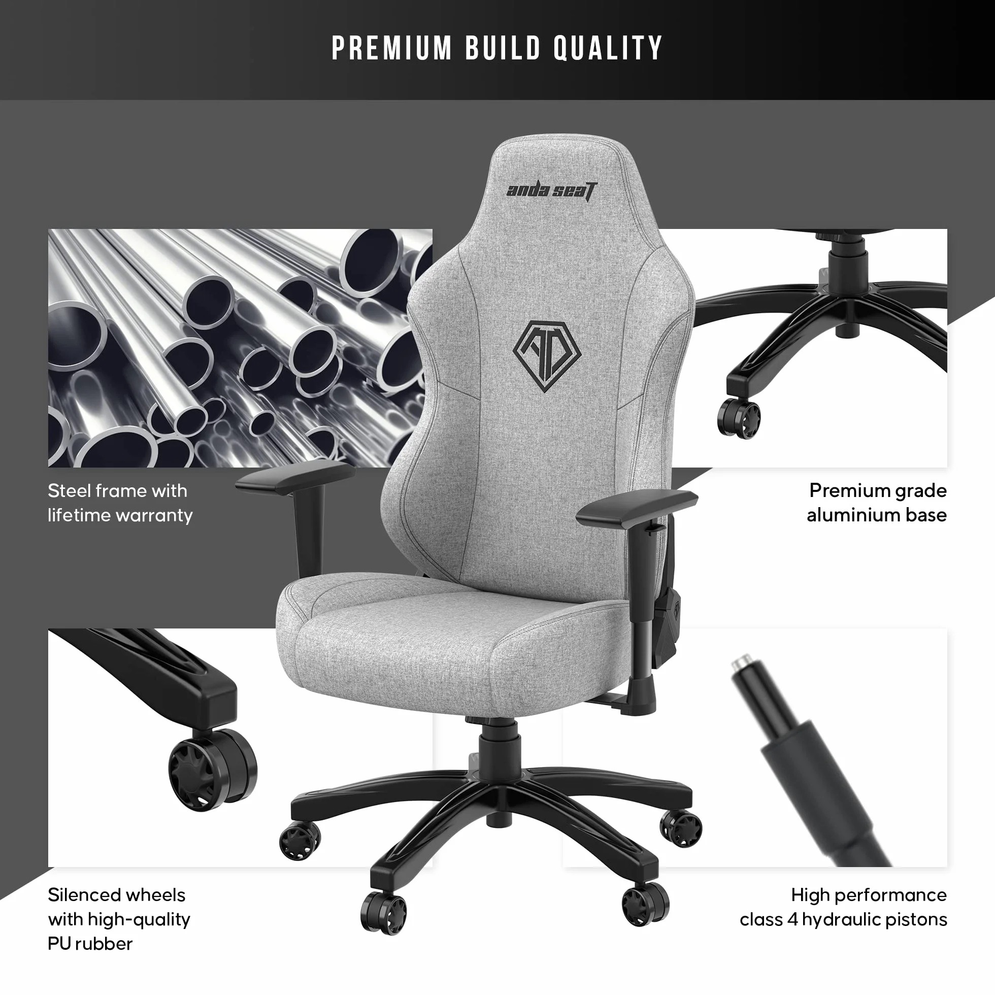 AndaSeat Phantom 3 Series Premium krzesło biurowe dla graczy, szara tkanina, głębokość siedziska 52 cm