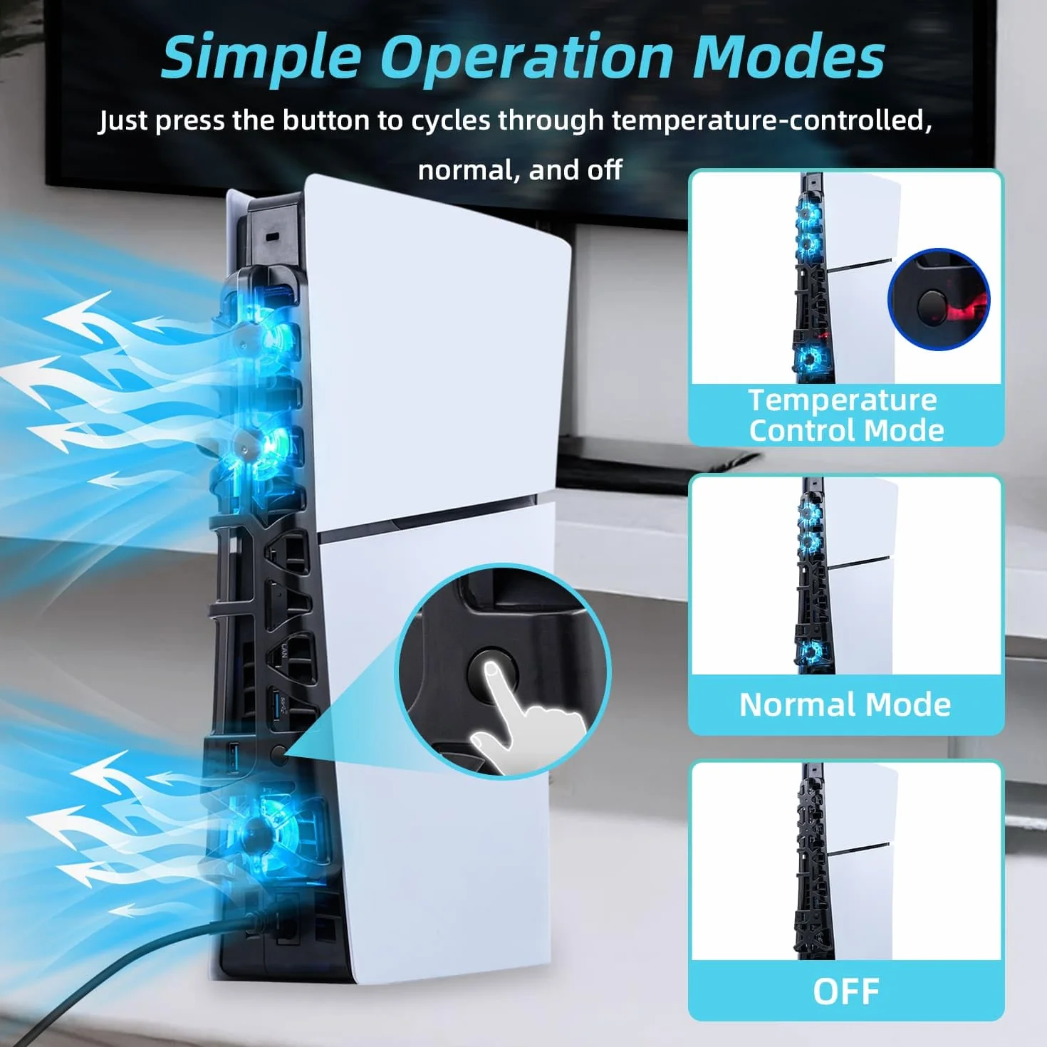 Wentylator chłodzący PS5 Slim z kolorowym światłem LED, cichy wentylator z regulacją temperatury do konsoli PS5 Slim DE/UHD, 3 tryby - czarny - nie dla PS5/PS5 Pro