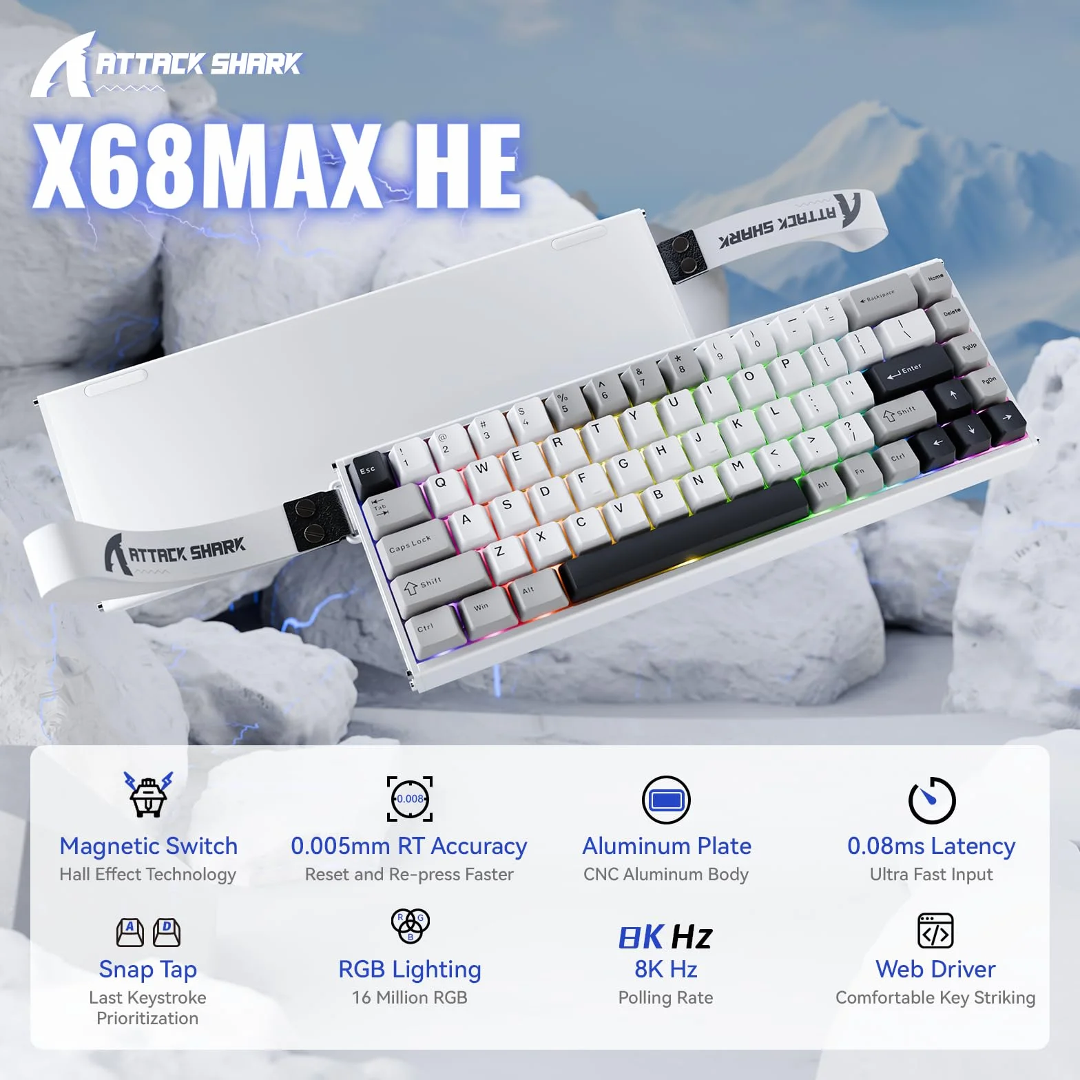 ATTACK SHARK X68MAX HE Rapid Trigger przewodowa aluminiowa klawiatura do gier z przełącznikami magnetycznymi,dokładność RT 0,005mm,regulowane uruchamianie,8KHz,opóźnienie 0,08 ms,RGB