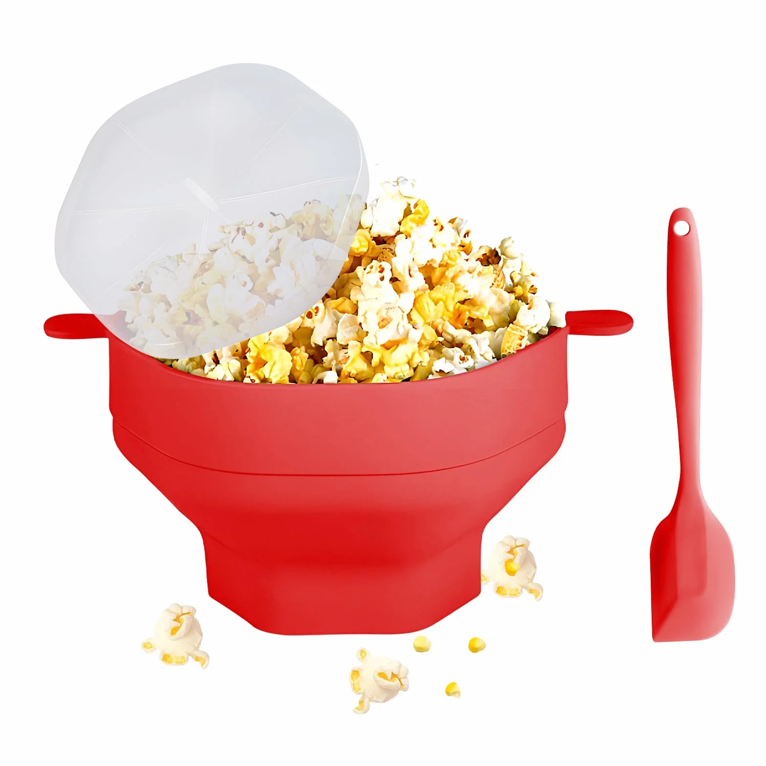 Silikonowa składana miska do popcornu z pokrywką i uchwytem, do mikrofalówki, czerwona