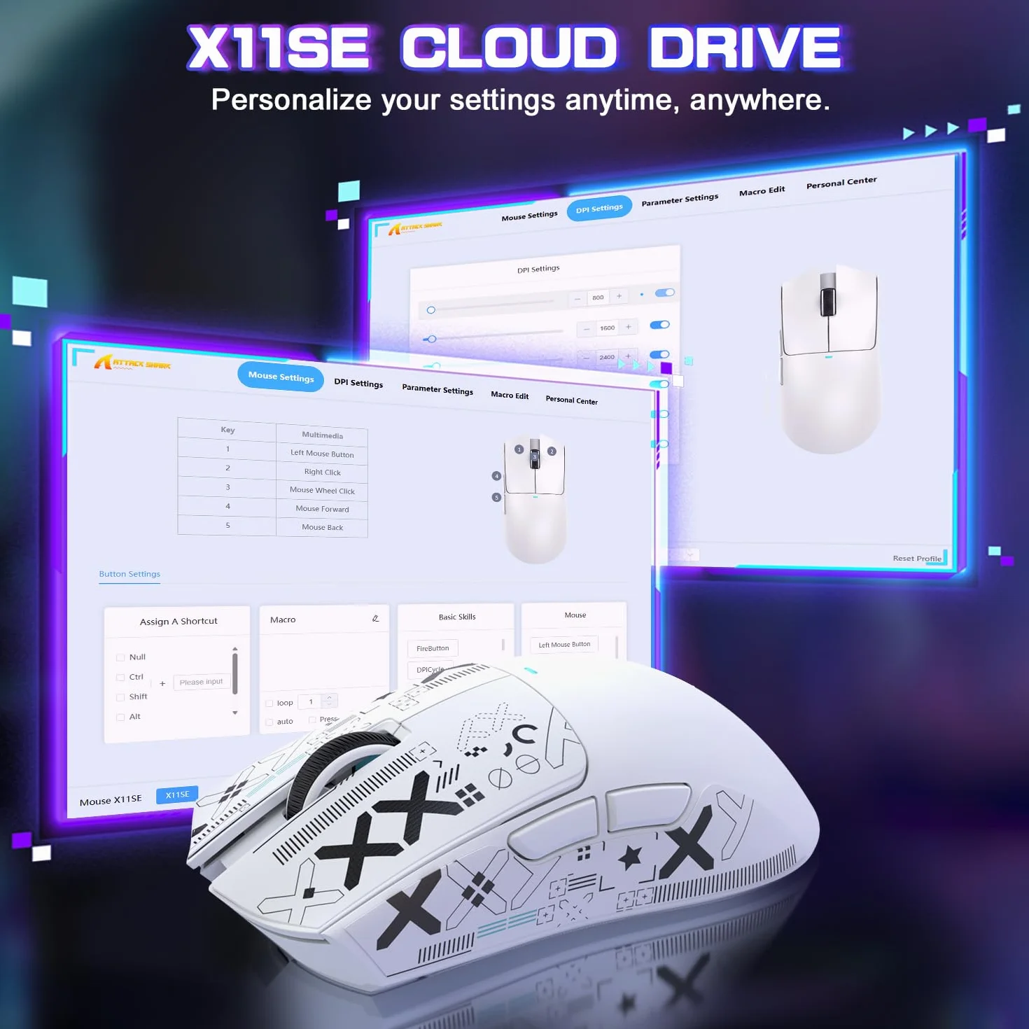 MAMBASNAKE X ATTACK SHARK X11SE Bezprzewodowa mysz do gier—do 22000 DPI,czujnik PixArt PAW3311,BT/2.4G/przewodowa,lekka 59g z taśmą,kliknięcia 2000W,przyspieszenie 40G,długa bateria,dla Win/Mac—Biała
