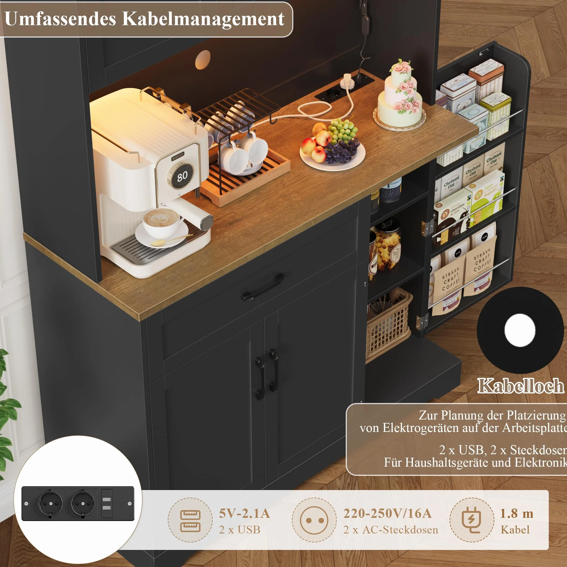 FirFurd Szafka kuchenna z diodami LED i regałem na przyprawy, kredens do kuchni z listwą zasilającą, szafka kuchenna z blatem roboczym, bufet kuchenny, meble kuchenne, 180 x 100 x 38 cm, czarna