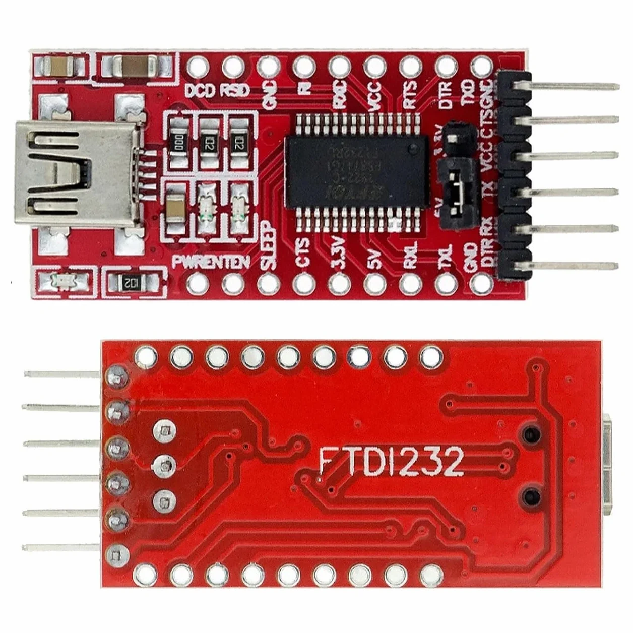Moduł konwertera USB-UART FT232RL - interfejs RS232 TTL, MiniUSB, 3,3 V/5 V, LED, kompatybilny z WinXP-10 | adapter szeregowy | zintegrowana elektronika