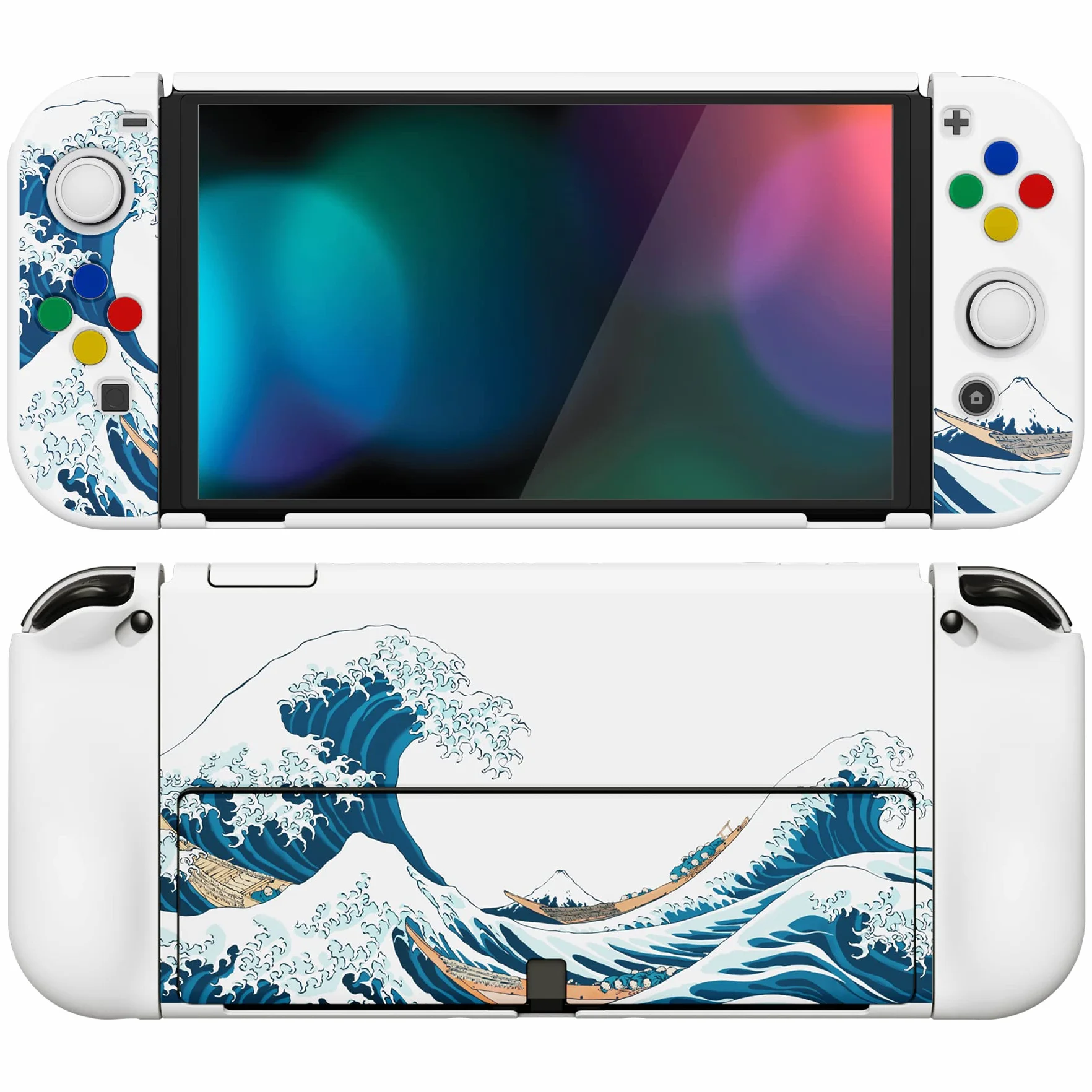PlayVital Etui Ochronny do Nintendo Switch OLED Case Hard Shell,AlterGrips Dokowalna Futerał do Switch OLED,Protective Cover z Kciuka Caps&Caps Przycisków-Wielka Fala Kanagawie