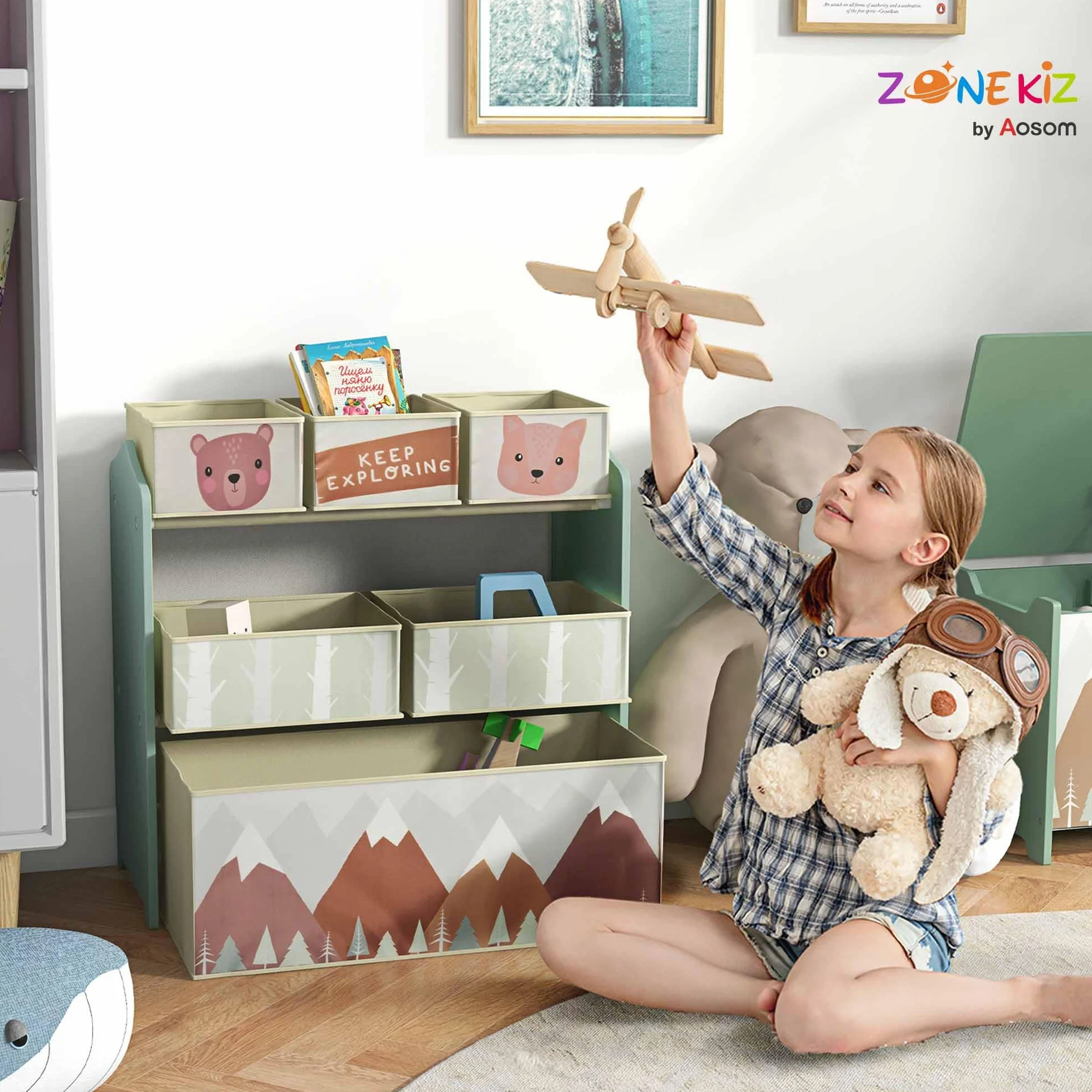 ZONEKIZ Regał dziecięcy z 6 pojemnikami 63 x 30 x 66 cm zielony