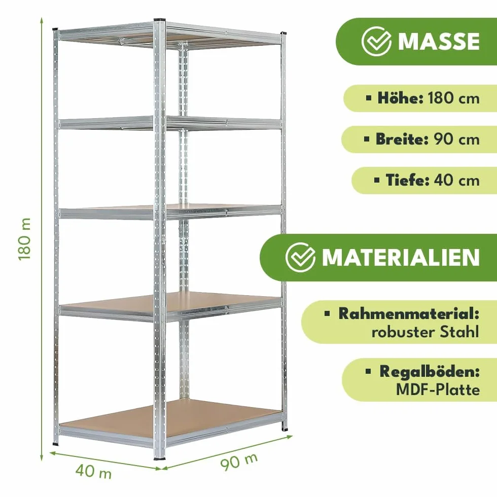 KRUMAD Regał Metalowy Magazynowy 180x90x40 cm, 2 sztuki, 5 Półek, Nośność 875 kg, Regulowane Półki, Stabilna Konstrukcja, Idealny do Garażu, Piwnicy, Warsztatu, Przechowywania Narzędzi i Materiałów