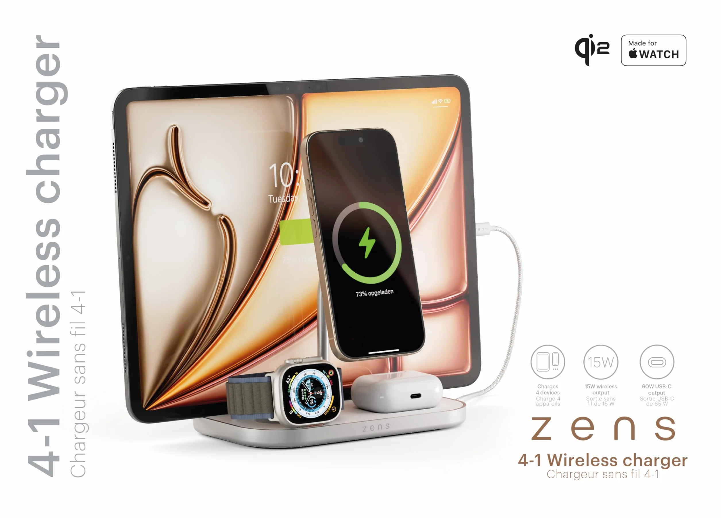 Zens 4-in-1 Wireless Charger, bezprzewodowa ładowarka MagSafe i Qi2 o mocy 15 W do telefonów iPhone/Apple Watch/AirPods, zawiera zasilacz 65 W (EU/UK/US) i wbudowany kabel o długości 1,5 m, Biały