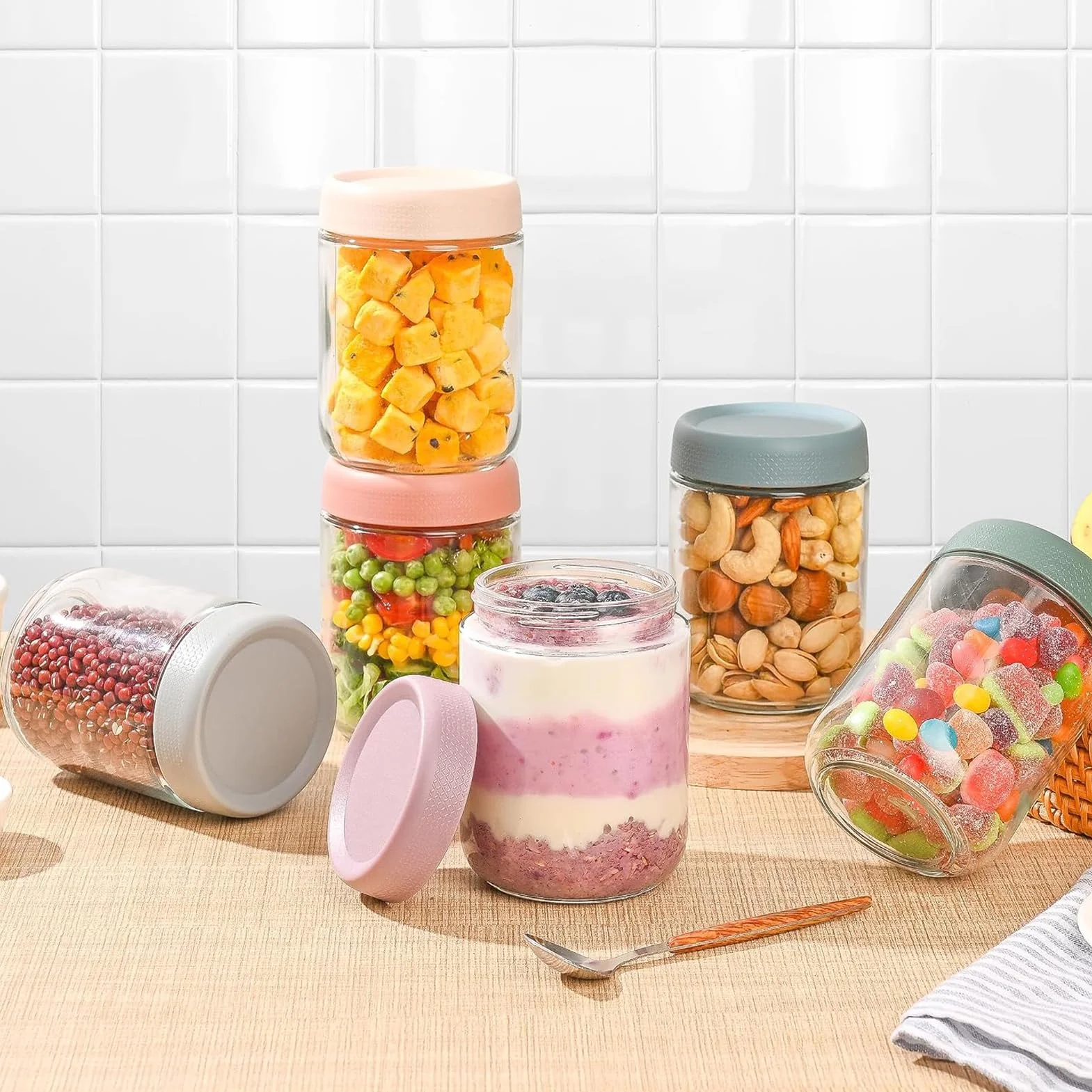 6 Sztuk Overnight Oats Słoiki z Pokrywką, 500 ml Słoik śniadaniowy z Zakręcaną Pokrywką Słoiki do Przygotowywania Posiłków na Chutney, Pudding, Jogurt, Owoce, Przyprawy, Fasola