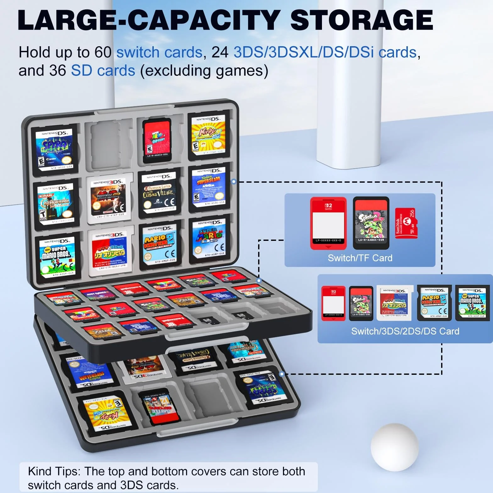 MoKo 60 Game Card Case for Nintendo Switch 2 / Switch OLED / 3DS / 3DSXL, Portable Storage Holder Case for 60 Switch 2 Game Cartridges & 24 3DS Card & 36 Micro SD Cards, Black