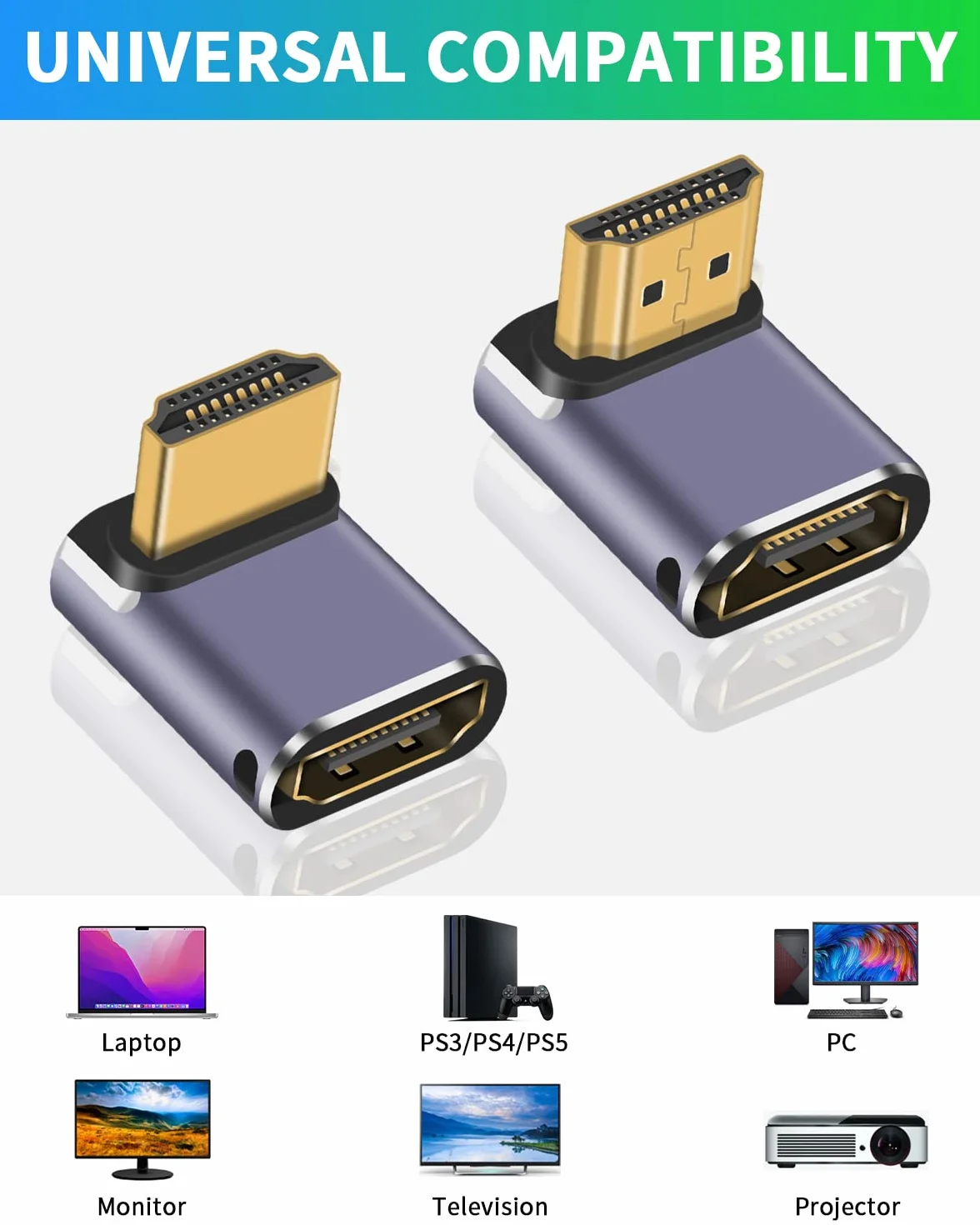 Duttek Adapter 8K HDMI 90 stopni (2 sztuki), adapter HDMI męski na żeński, 48 Gb/s ze wskaźnikiem roboczym LED do laptopa, DVD, telewizora, monitorów