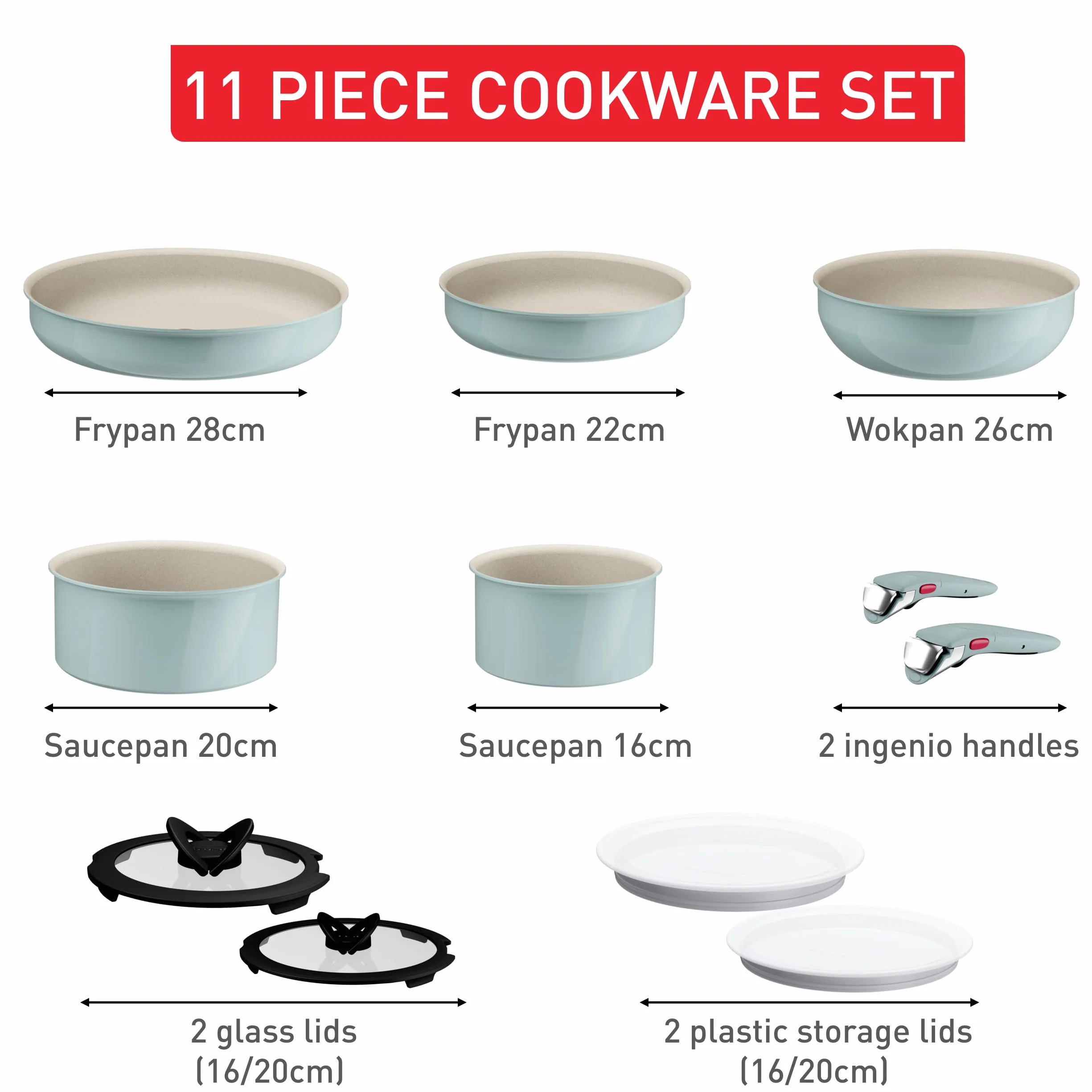 Tefal Ingenio Serenity L828SB04 Zestaw naczyń kuchennych, 11-częściowy, z powłoką nieprzywierającą, oszczędność miejsca, do wszystkich rodzajów kuchenek, nadają się do mycia w zmywarce