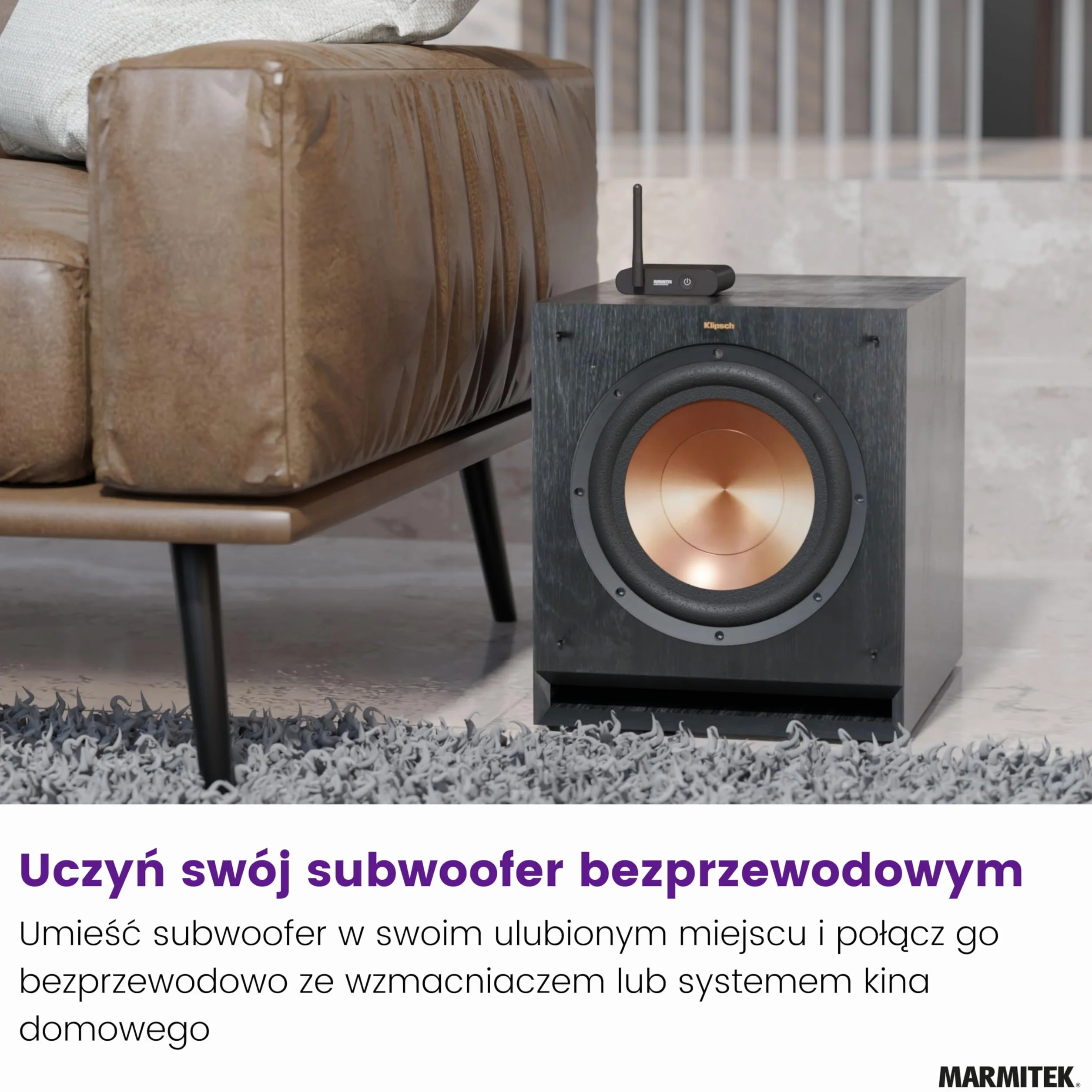 Zestaw bezprzewodowy do subwoofera Marmitek Subwoofer Anywhere 640 - Sub aktywny LFE/Line - Cyfrowa stabilna transmisja, pozłacane RCA, auto standby - USB-C