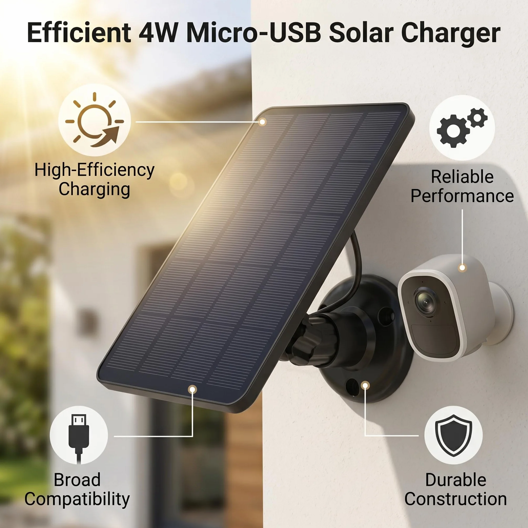 Panel Słoneczny Wodoodporna ładowarka 10 W Micro USB Ładowanie Kamery Panel Słoneczny z Regulowanym Montażem 360 ° (Czarny)