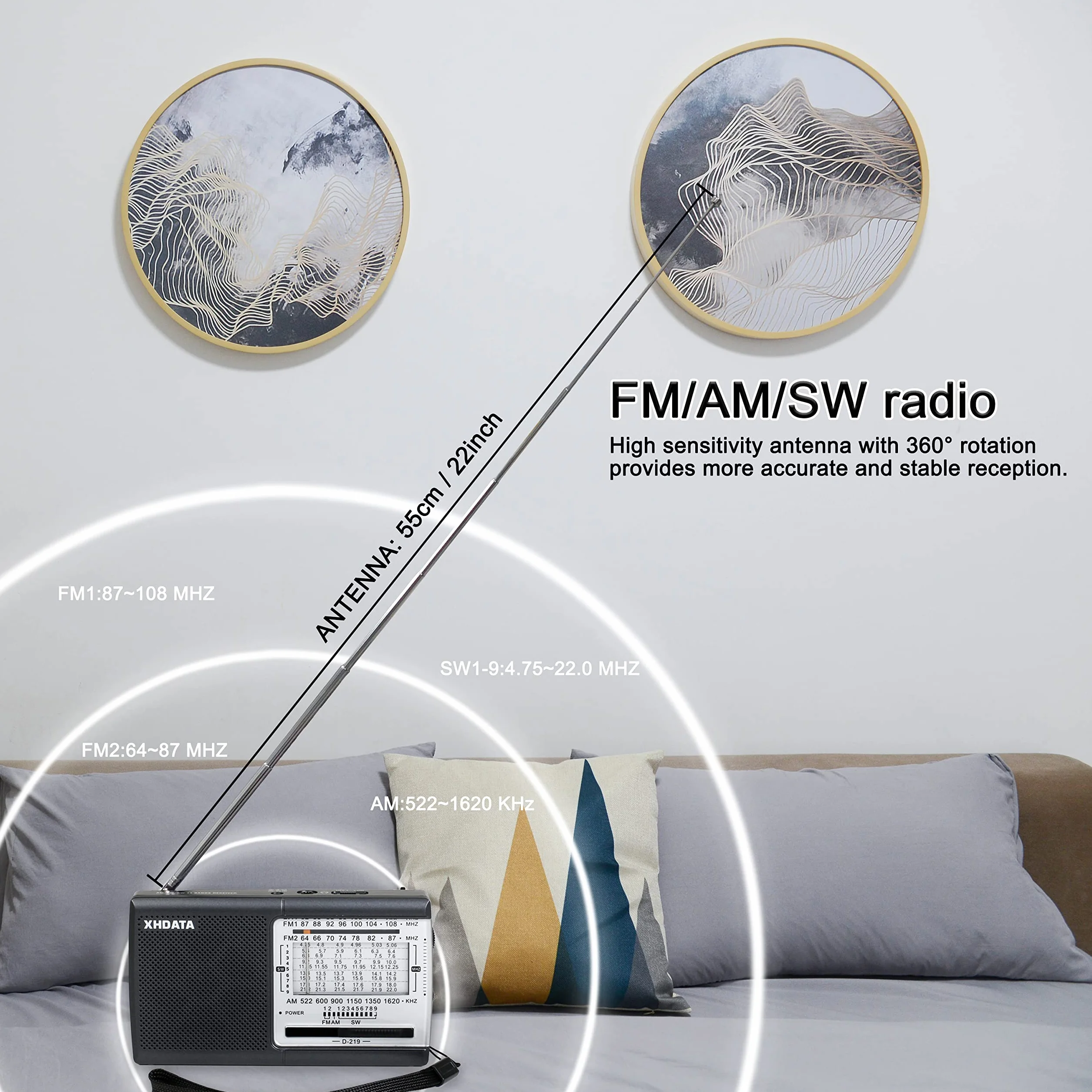 XHDATA D219 radio kieszonkowe, przenośne radio tranzystorowe AM FM SW, szare