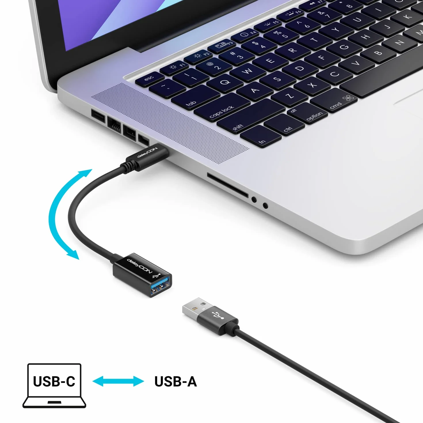 deleyCON USB-C do USB-A Kabel Przejściówka 3.0 OTG - Kompatybilny z Notebookiem Laptopem PC Smartfonem Telefonem Komórkowym iPhone 17 16 15 S25 S24 S23 MacBook iPad Mini iMac - 17cm
