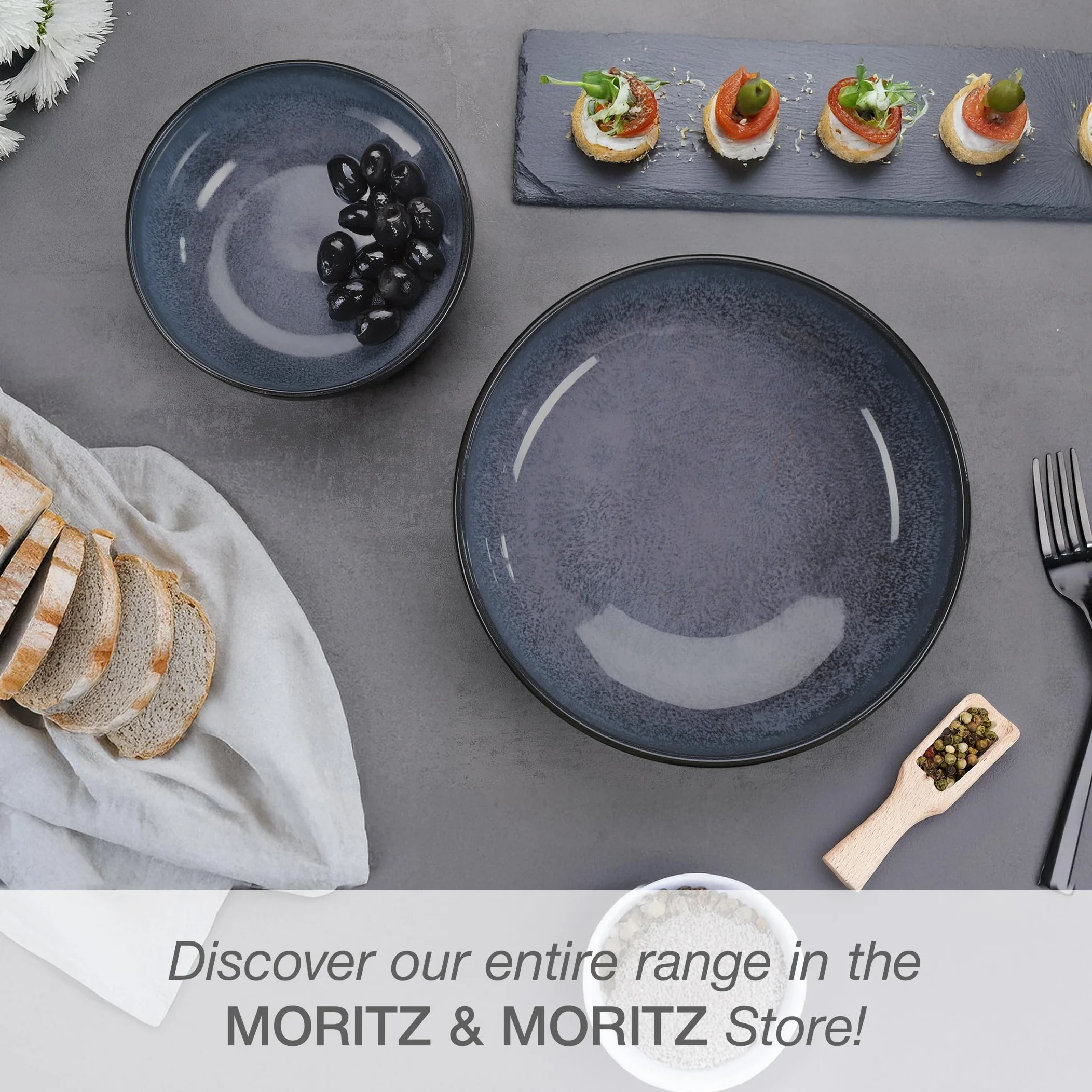 Moritz & Moritz VIDA zestaw misek do serwowania w kolorze niebieskim – 2 x duże miski z wysokiej jakości porcelany, nowoczesne i ponadczasowe, nadają się do kuchenki mikrofalowej i mycia w zmywarce