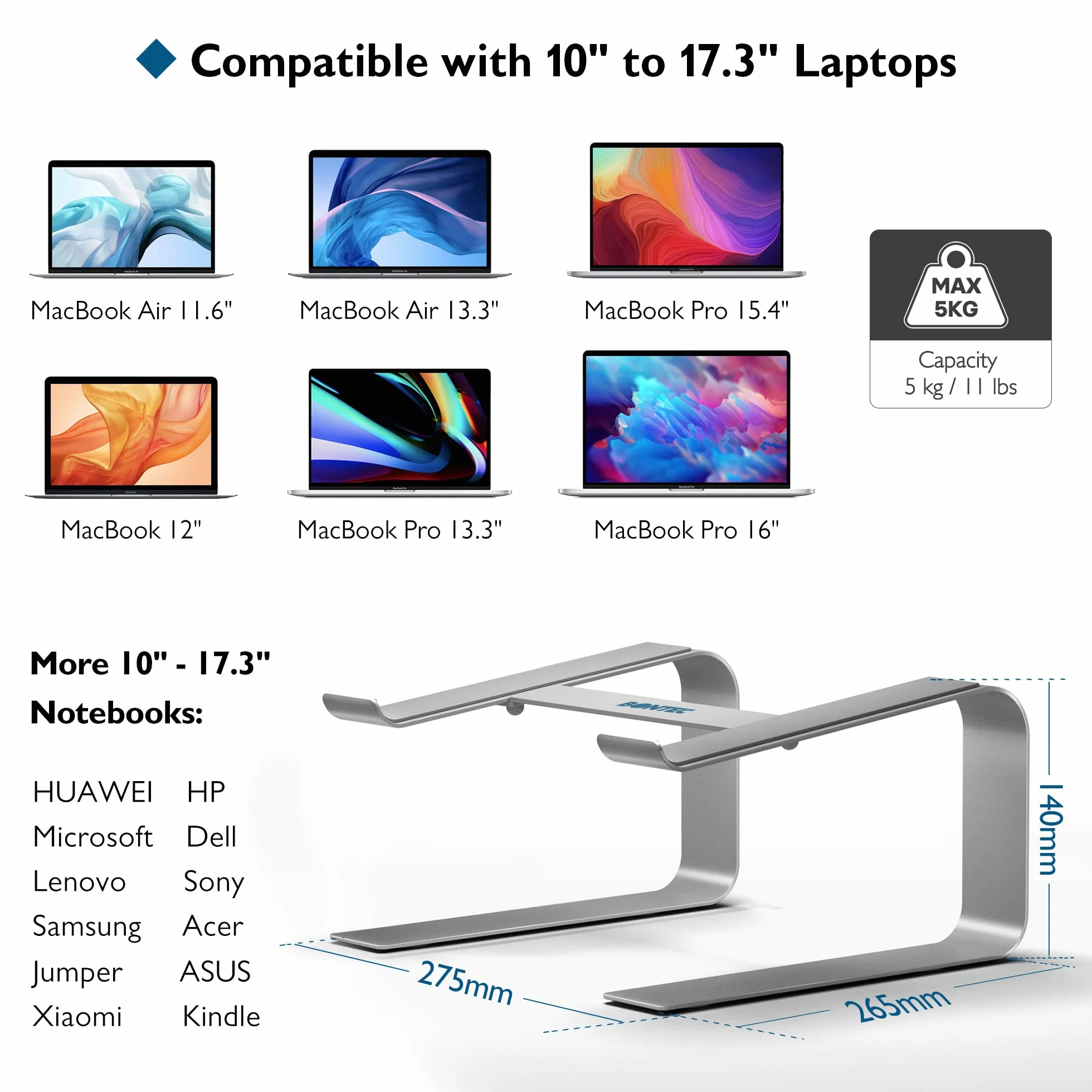 BONTEC Stojak na Laptopa Ergonomiczny, Regulowana Wysokość do 14 cm, Kompatybilny z Laptopami 10-17,3", Stojak Riser na Biurko z Odprowadzaniem Ciepła, Srebrny, Zwiększa Komfort i Poprawia Postawę