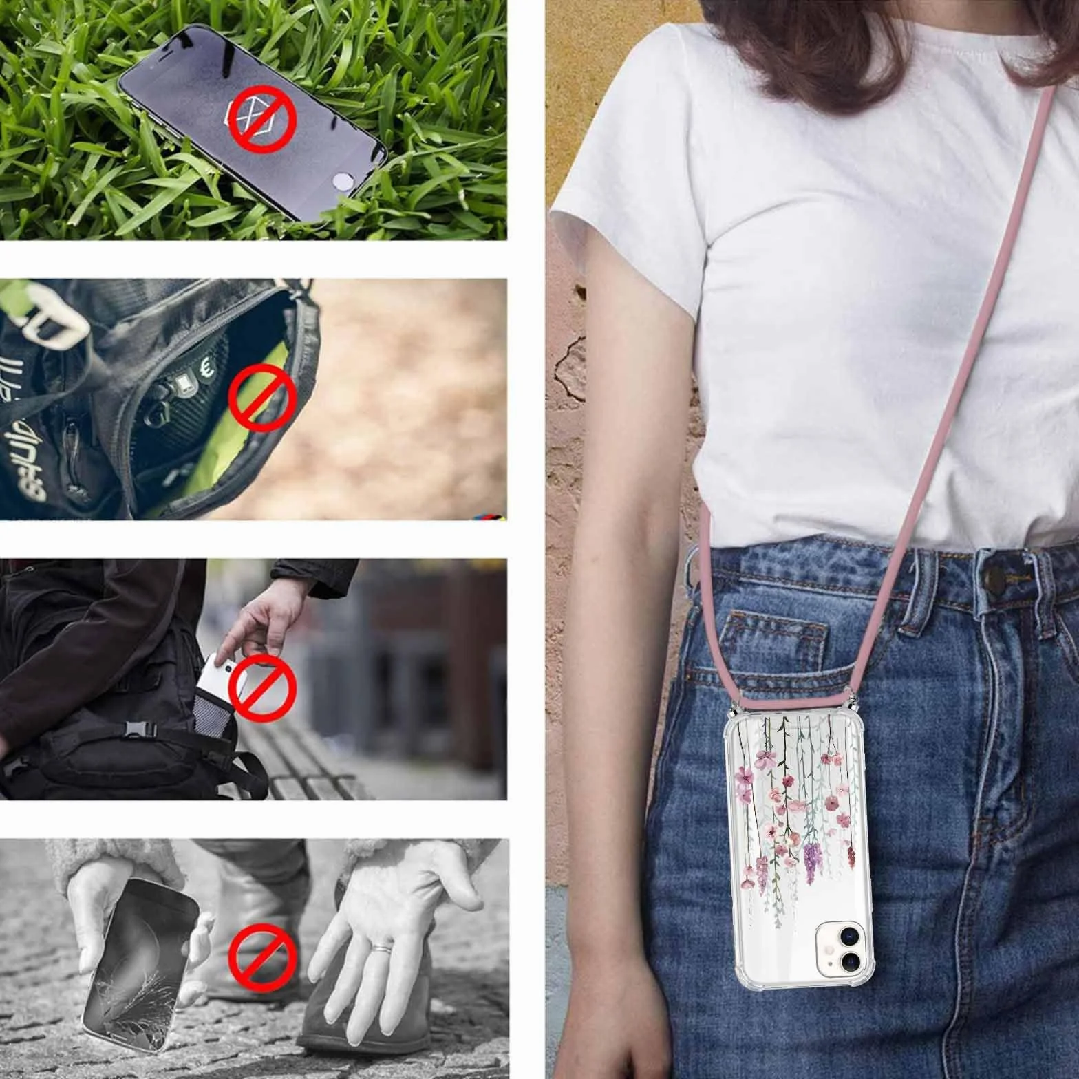 Yoedge Etui na telefon komórkowy iPhone 12 / iPhone 12 Pro 6,1", etui z opaską, miękki silikon TPU + PC, odporne na uderzenia, etui ochronne ze sznurkiem do zawieszenia, przezroczyste etui ze wzorem