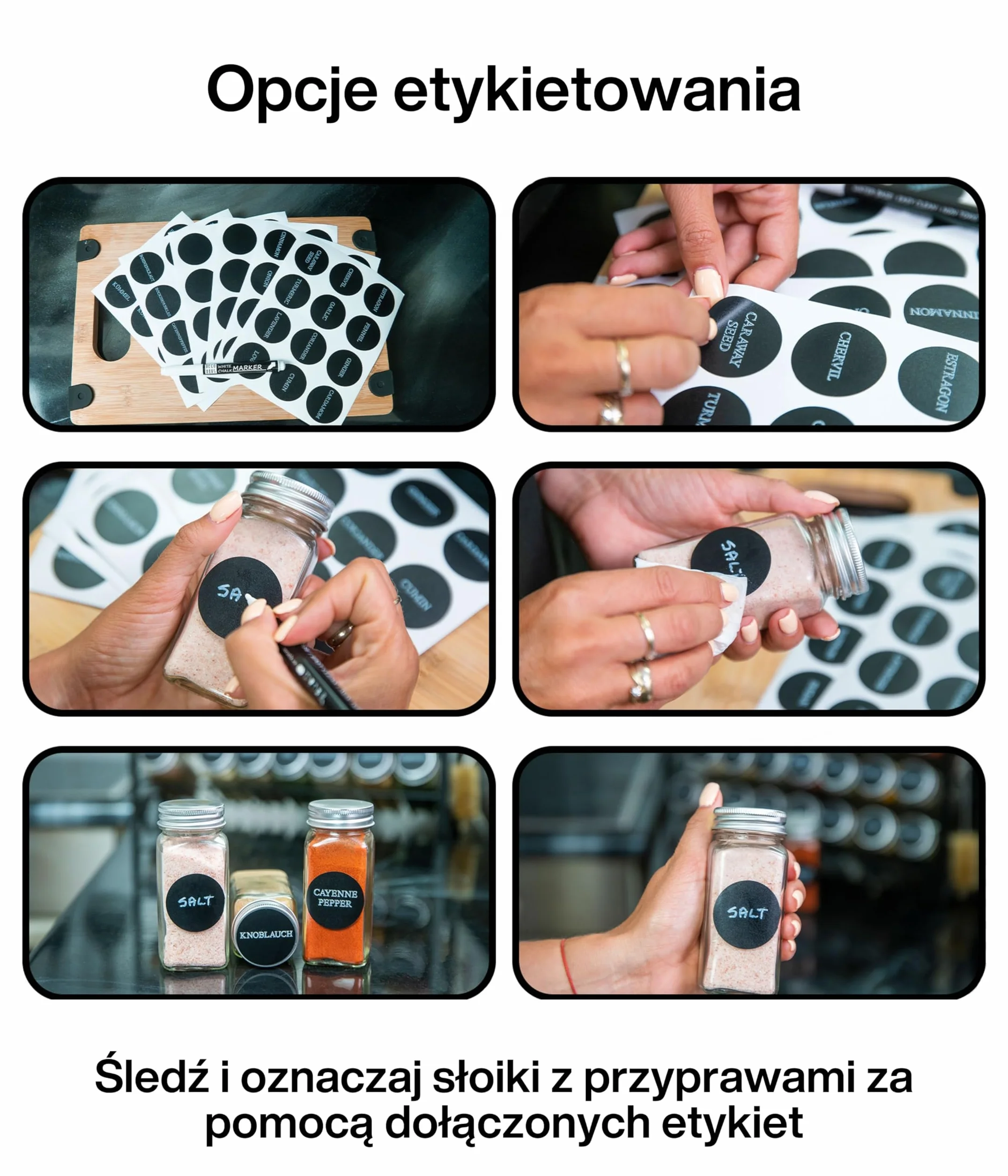 Deco Haus® Stojak na Przyprawy ze Słoikami na Przyprawy - 3-poziomowy Metalowy Organizer Kuchenny - 24 Słoiczki, 48 Etykiet, Pędzelek, Haczyki, Lejek - Półka Wolnostojąca lub na Ścianę - Czarny Regał