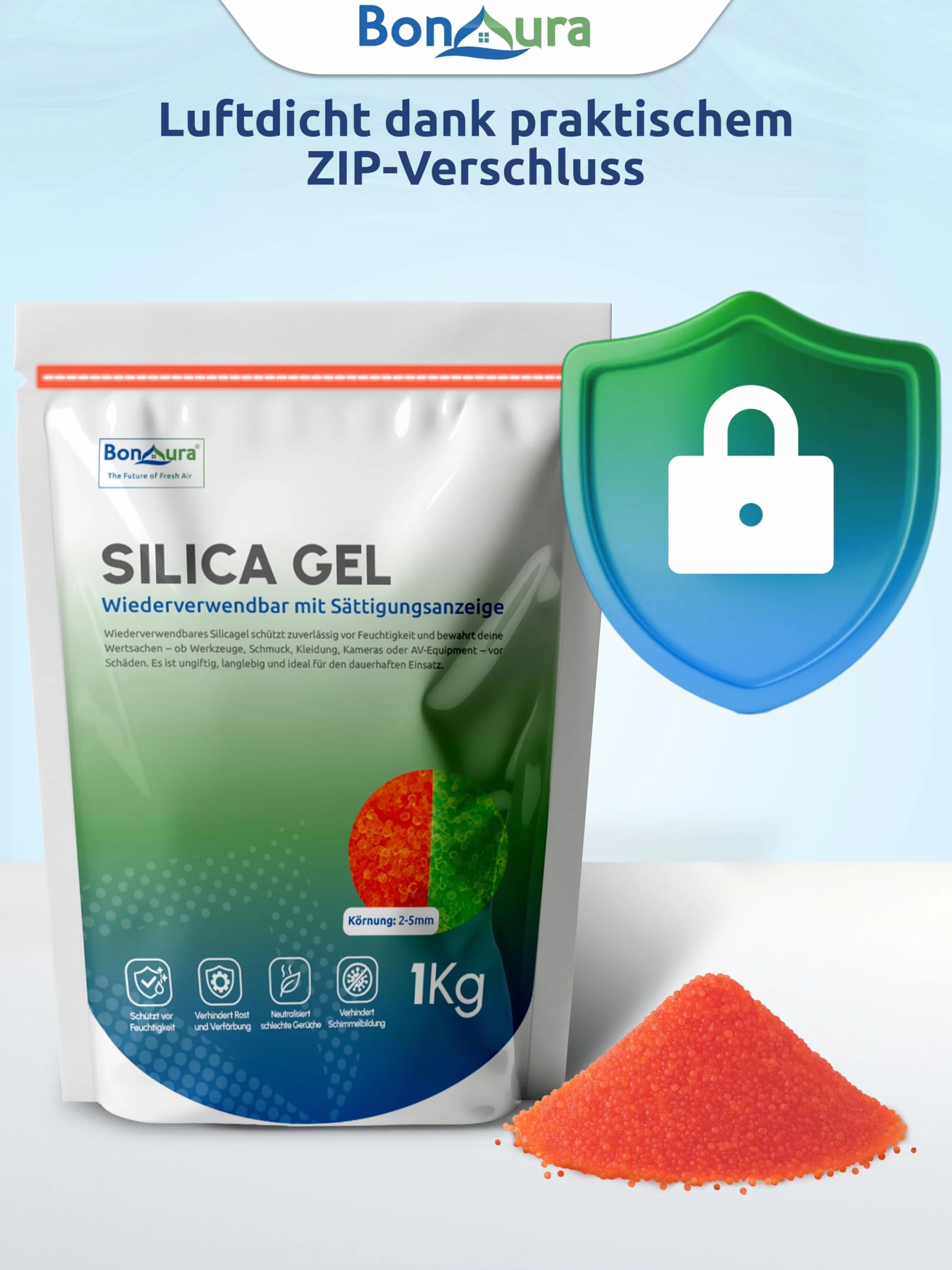 BonAura Żel krzemionkowy 1 kg – kulki krzemionkowe nadają się również jako suszarka filamentowa – silikatowy środek osuszający do regeneracji i wielokrotnego użytku – w hermetycznym woreczku z żelu