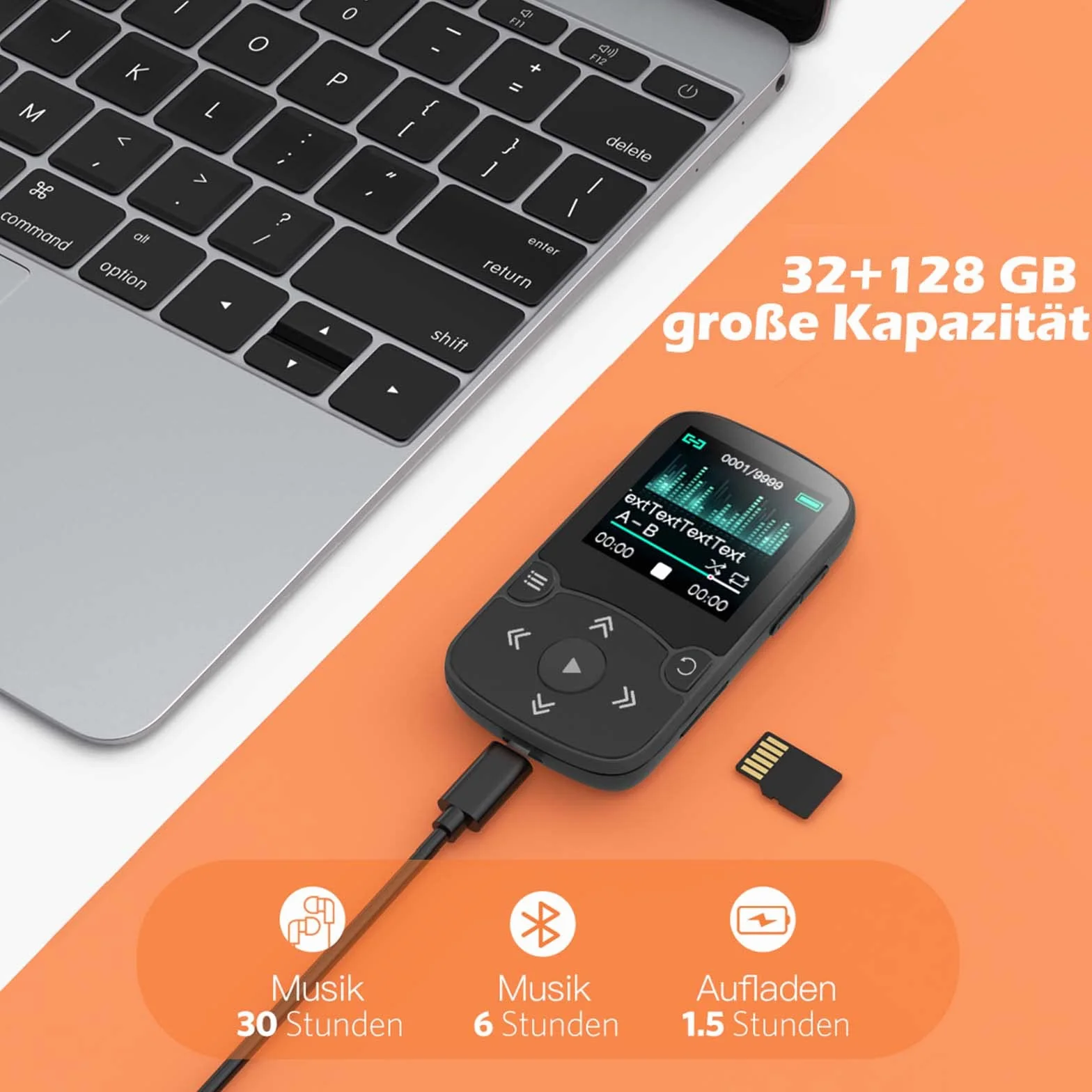 AGPTEK Odtwarzacz MP3 Bluetooth 5.3 Sport 32 GB z kolorowym ekranem TFT 1,5", mini odtwarzacz muzyki z klipsem, obsługuje kartę TF do 128 GB, z przyciskiem głośności, radio FM, krokomierz, czarny