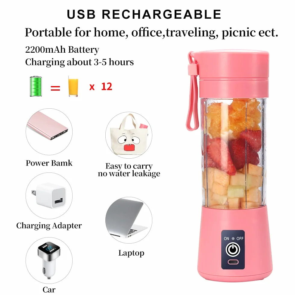 Przenośny blender, osobista wyciskarka do soku, ręczny mikser do owoców o pojemności 380 ml, ładowany przez USB, z 6 ostrzami Power Blender, podróżny, do smoothie i koktajli, różowy