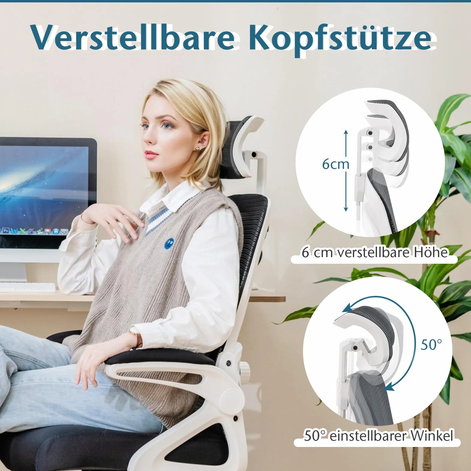 COSTWAY Ergonomiczne krzesło biurowe z regulowanym podparciem lędźwiowym i zagłówkiem, ze składanymi podłokietnikami i wysokim oparciem, obrotowe krzesło komputerowe z funkcją przechylania (białe)