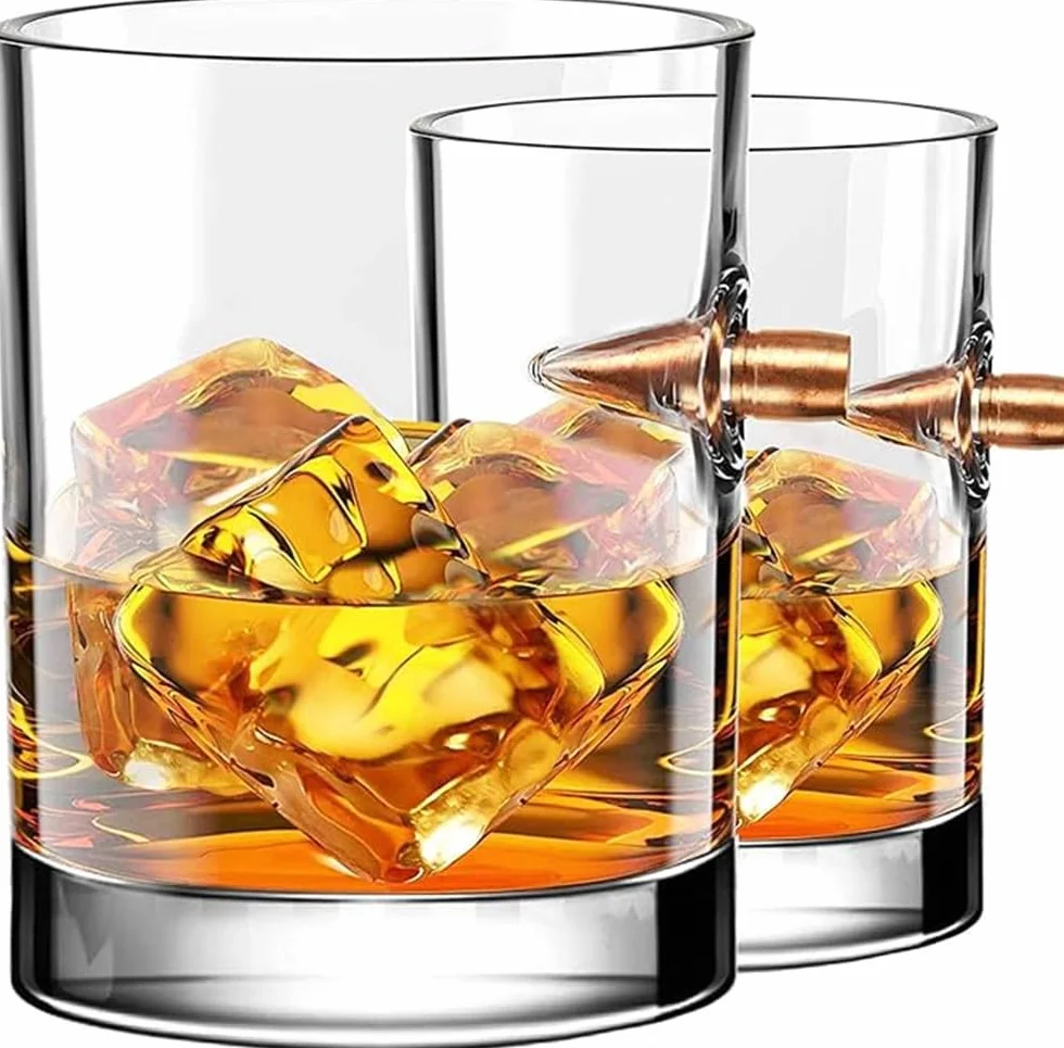 Szklanki do Whisky z Wkładką Pocisku,Ręcznie Robione Szklanki z Kryształu Bezołowiowego – Prezent dla Taty, Mężczyzny, Miłośnika Bourbona lub Scotch – Urodziny, Święta, Walentynki (A-2pc)