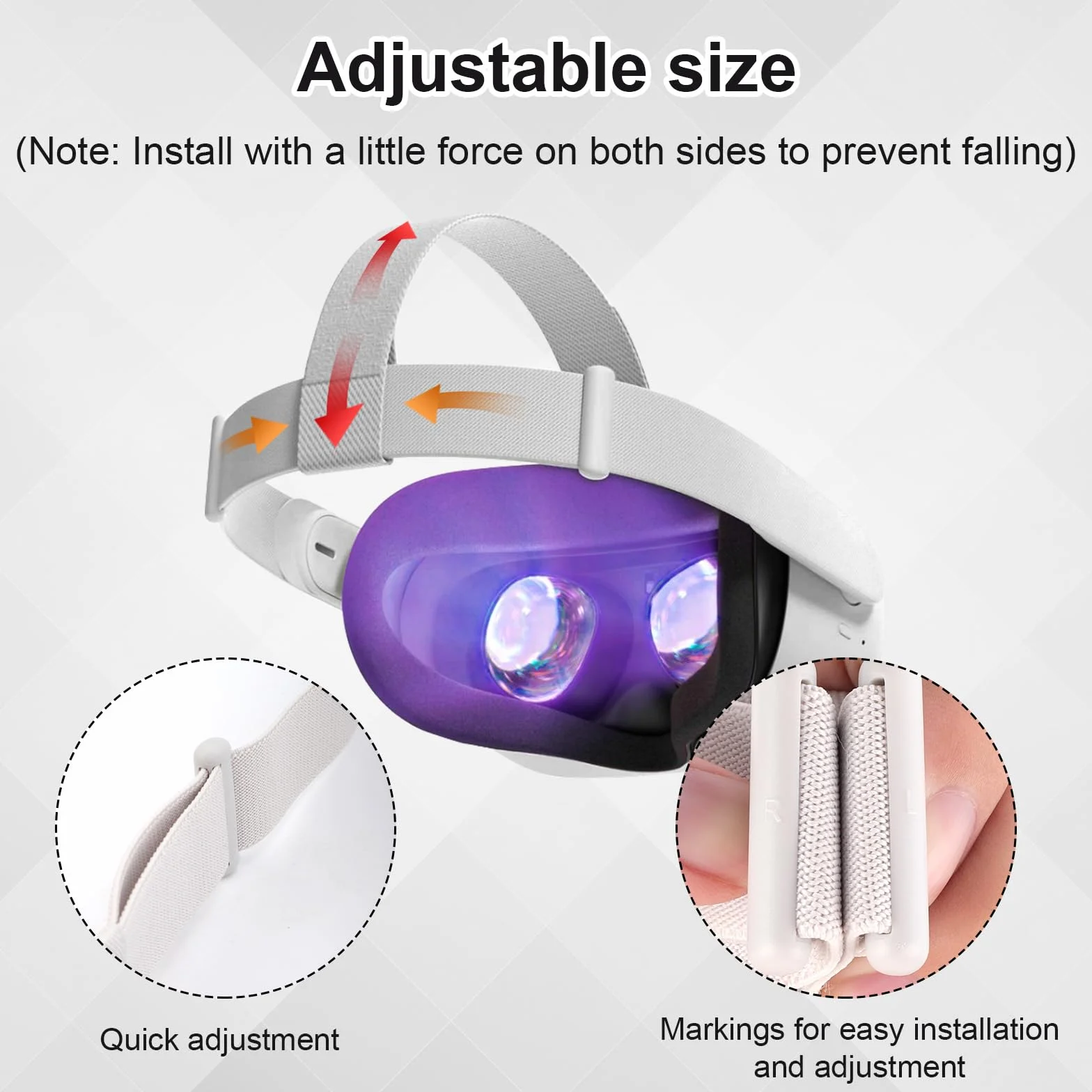 Pasek na Glowe do Oculus Quest 2, Regulowany Zamiennik Opaski na Glowe do Meta Quest 2 z 4 Nakladkami na Kciuki Zapewniajacymi Wiekszy Komfort Wsparcie i Immersje w Grach