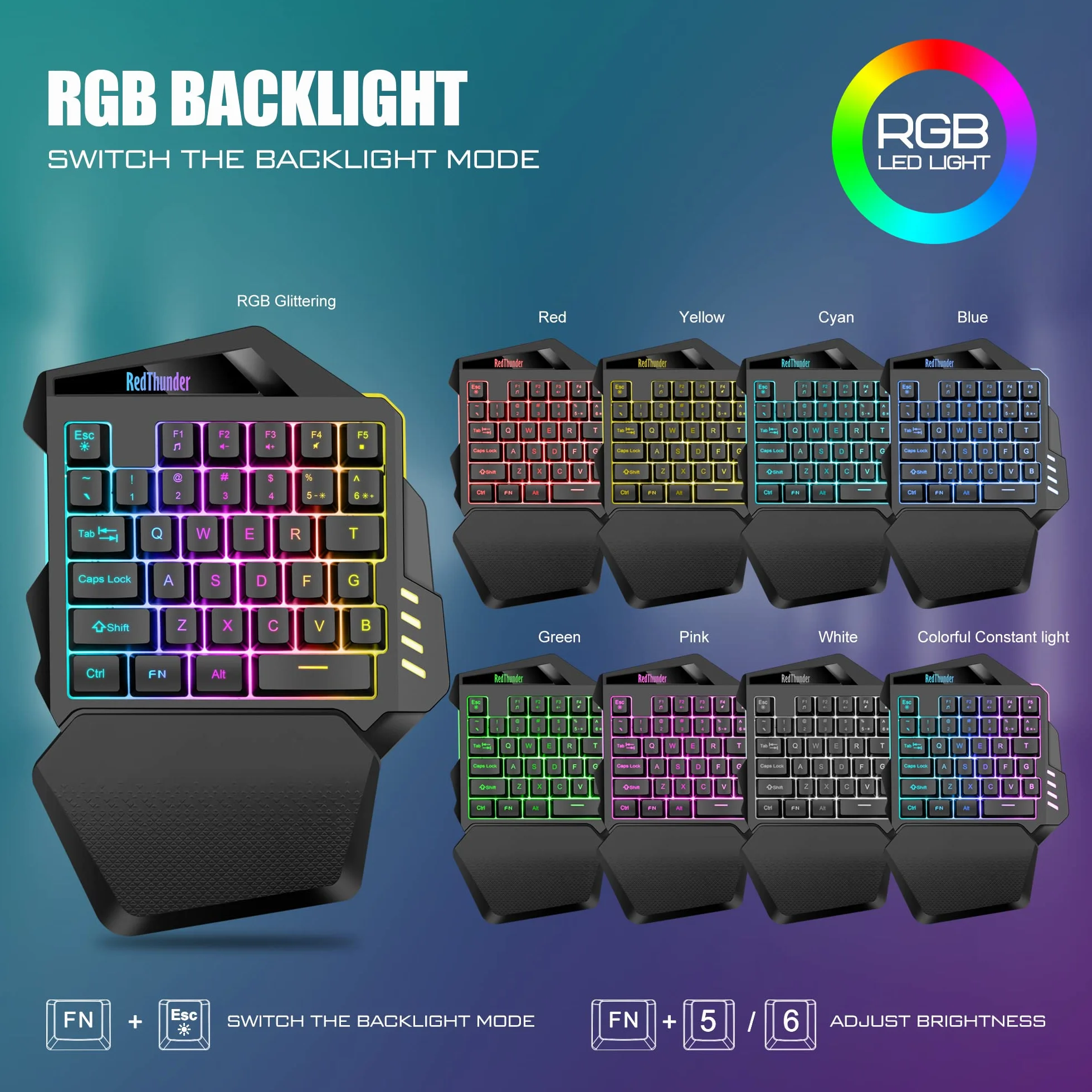 RedThunder G60 bezprzewodowa klawiatura do gier jednoręczna, akumulator 2000 mAh z podświetleniem RGB, klawiatura do gier Anti-ghosting 35 klawiszy + ergonomiczna do komputerów Mac PS5 Xbox One Gamer.
