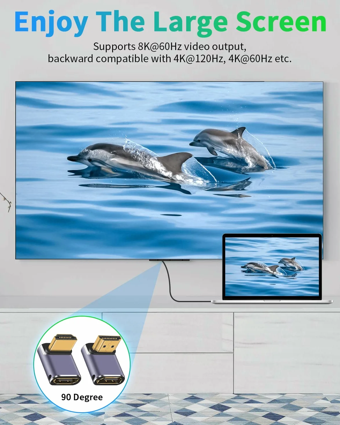 Duttek Adapter 8K HDMI 90 stopni (2 sztuki), adapter HDMI męski na żeński, 48 Gb/s ze wskaźnikiem roboczym LED do laptopa, DVD, telewizora, monitorów