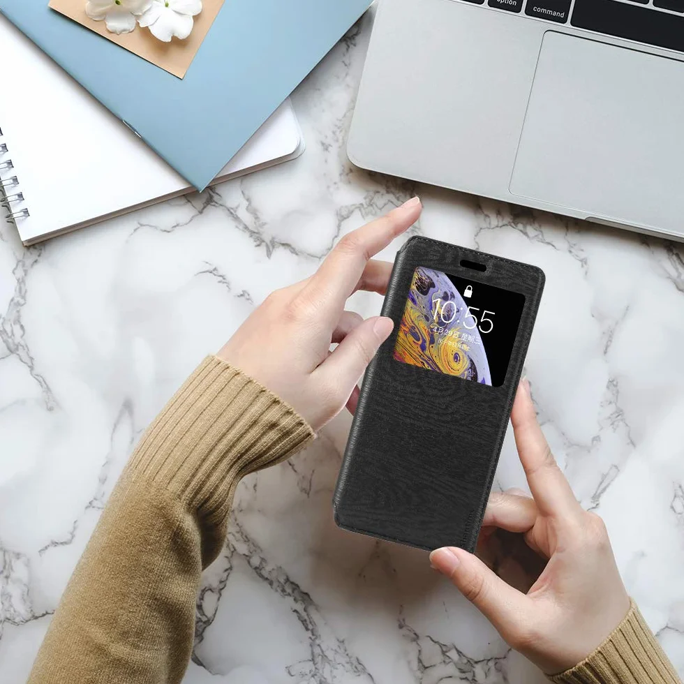 Etui Flip z Ekoskóry PU z Niewidocznym Magnesem i Okienkiem Podglądu Kompatybilne z BlackBerry KEY 2, Smart Pokrowiec Ochronny