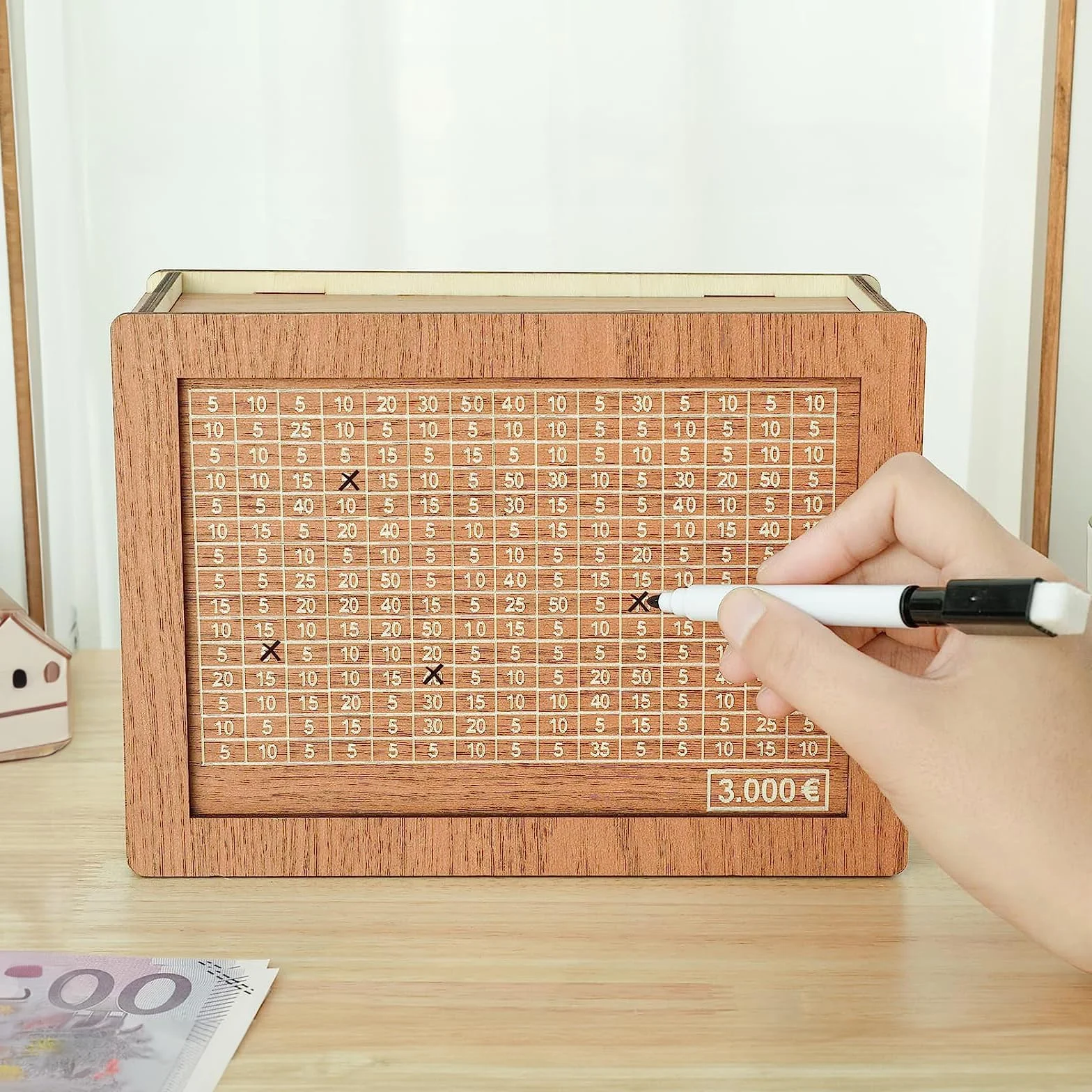 Sparbox wielokrotnego użytku, drewniana skarbonka retro skarbonka pudełko do przechowywania pomaga rozwinąć nawyk oszczędzania, 2000 € brązowy
