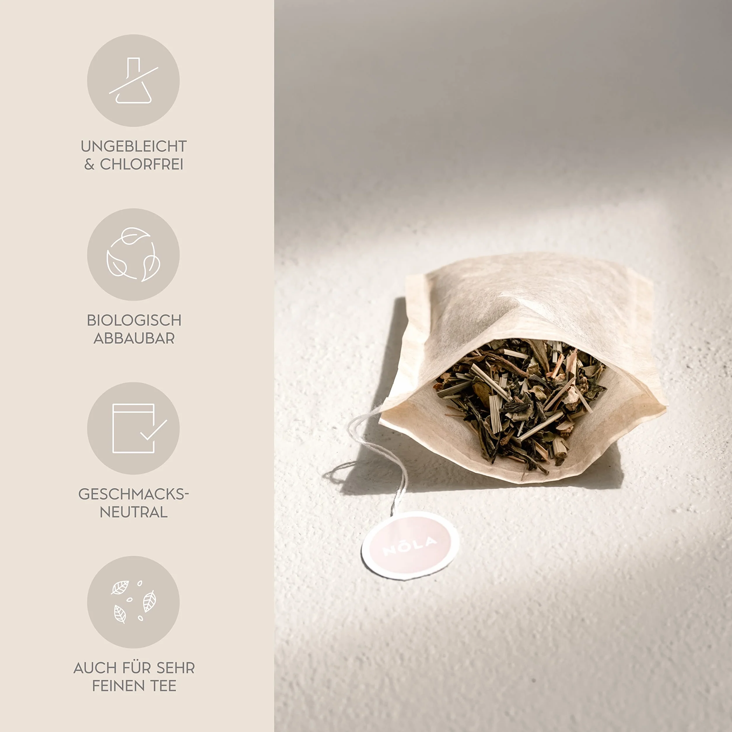NOLA Jednorazowe torebki do herbaty sypkiej (100 sztuk) – biodegradowalne i nadające się do recyklingu – ze sznurkiem ściągającym – 9,5 x 8 cm – nadają się również do dzbanków do herbaty