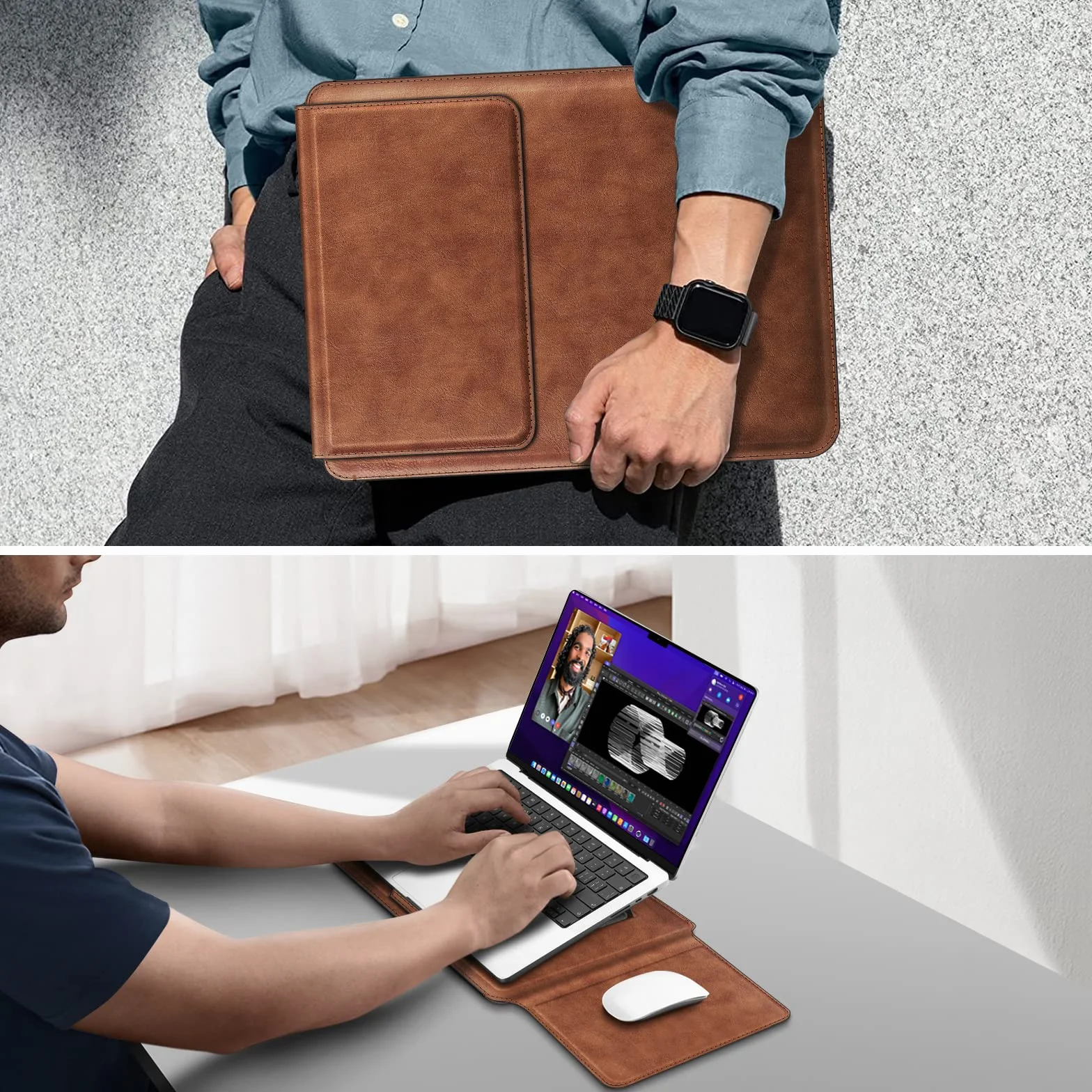 Fintie Etui na MacBooka Air 13,6 A3240, A3113, A2681, Pro 14 A3401, A3185, A3112, A2992, A2918, A2779, A2442, pokrowiec, ze skóry poliuretanowej, z funkcją podstawki, brązowe