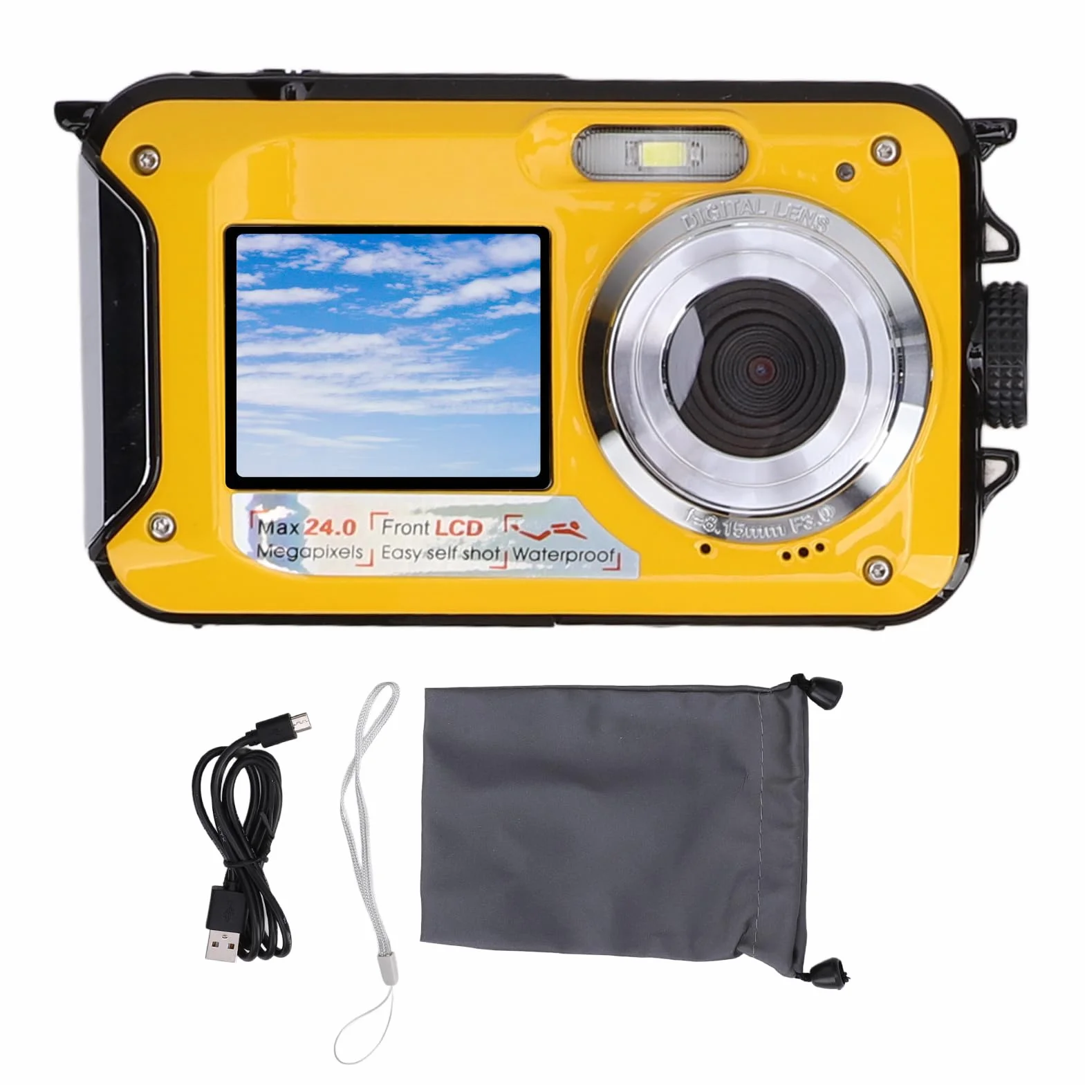Podwodny Aparat 2,7K Wodoodporny Aparat 11 Stóp z 48 MP, 16-krotnym Zoomem Cyfrowym i Autofokusem Podwodny Aparat do Selfie z Dwoma Ekranami Kompaktowy Aparat Cyfrowy do (YELLOW)