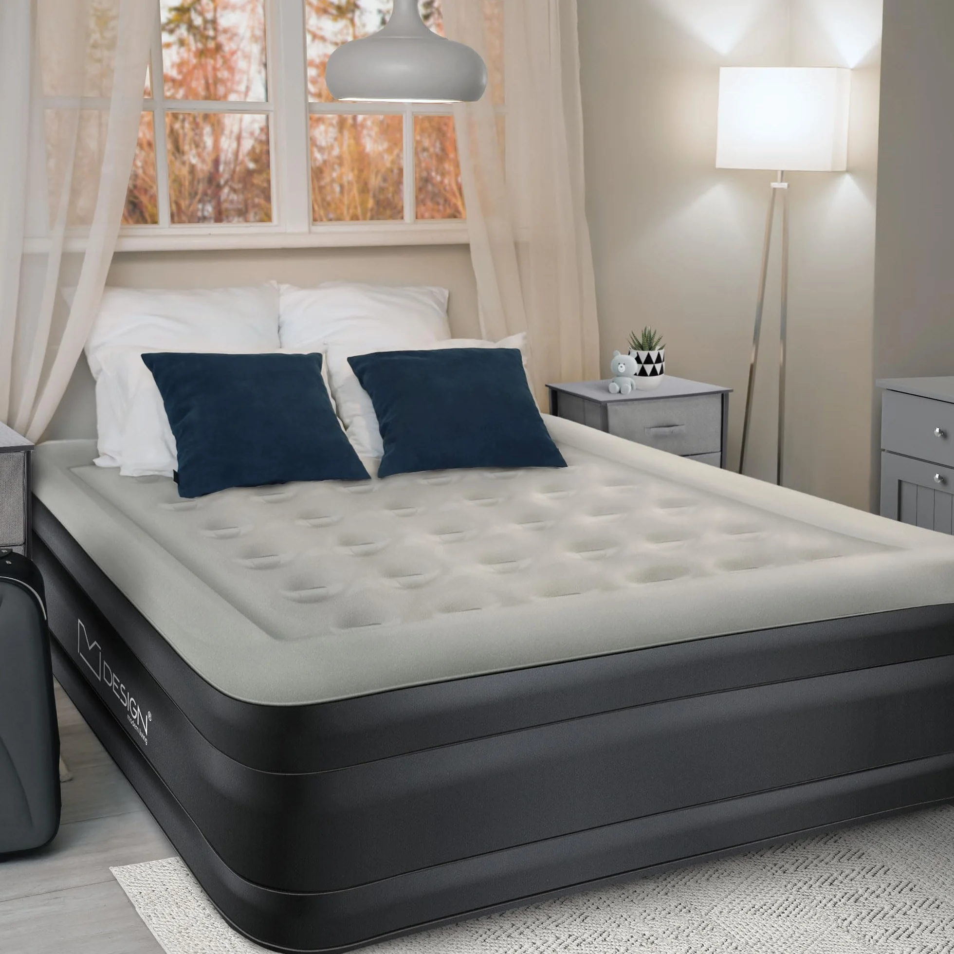 ML-Design Materac dmuchany dla 2 osób 203x157x47 cm z elektryczna pompka 230V Samopompujace sie lózko idealne do uzytku kempingowego lub domowego Podwójne lózko dla gosci wygodne i funkcjonalne