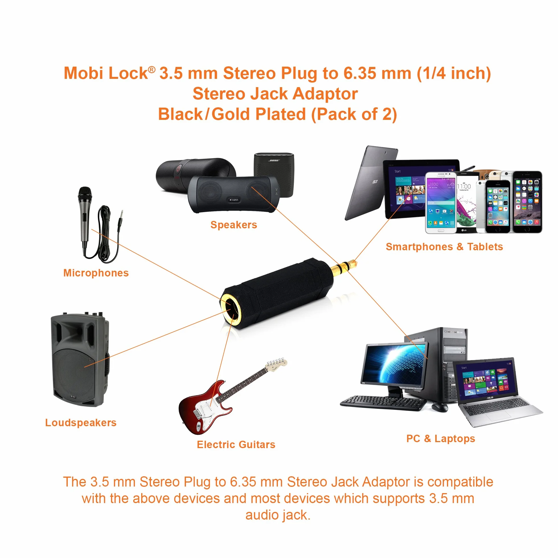 2 Sztuki Wtyk 3,5 mm do Gniazda 6,35 mm - Adapter Jack Audio Stereo 1/8 do 1/4 Cala - Łączy Urządzenia z Portem 3,5 mm z Urządzeniami Audio 6,35 mm - od Mobi Lock