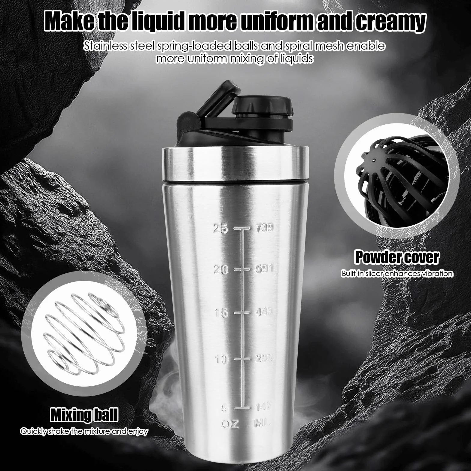 Shaker proteinowy ze stali nierdzewnej 750 ml z kulką i uchwytem