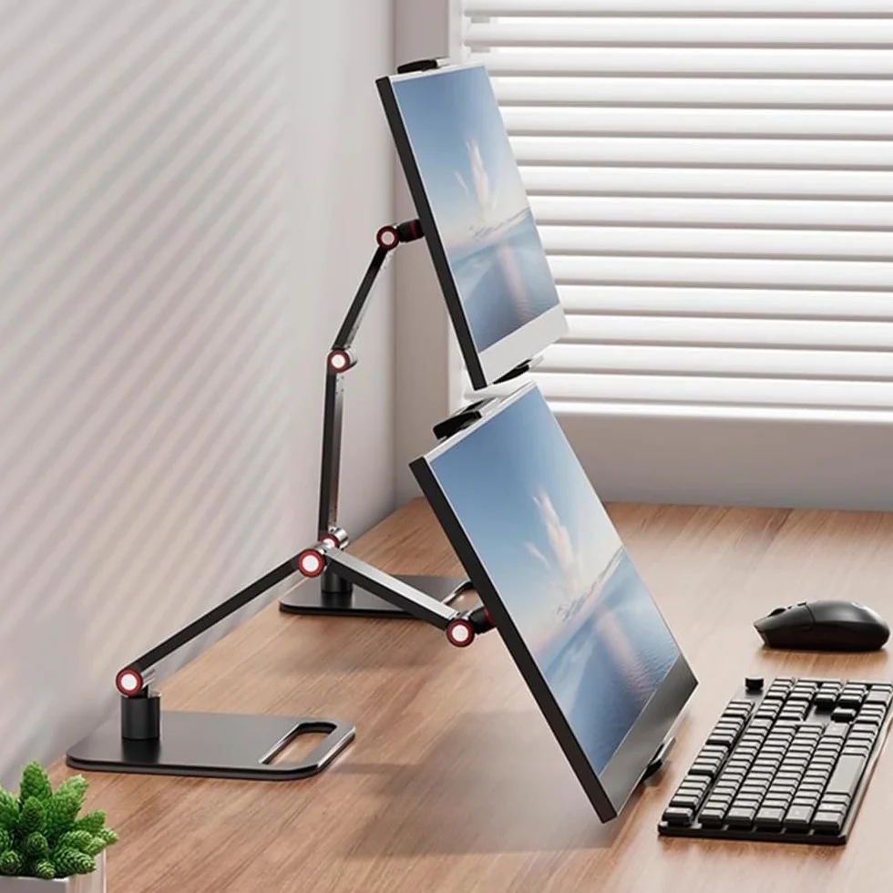 przenośny uchwyt na monitor do ekranu 12-17,3 cala, metalowy stojak 16 cali, uniwersalna rozszerzalna podstawa, stojak na tablet 12,9 cala z regulacją obrotu o 360° i zaciskiem biurkowym