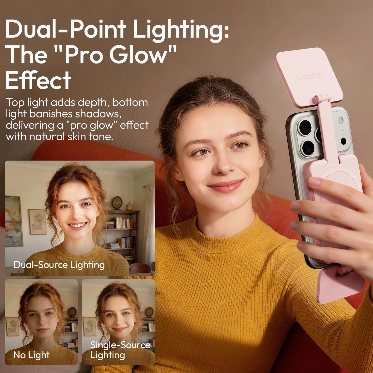 ULANZI GL01 [Aktualizacja 2026] Magnetyczna lampa do selfie do iPhone'a, dwa kwadratowe panele LED, wysuwany trzonek, ściemnialna w zakresie 2500-6500 K, kompatybilna z iPhone/Samsung (Różowy)