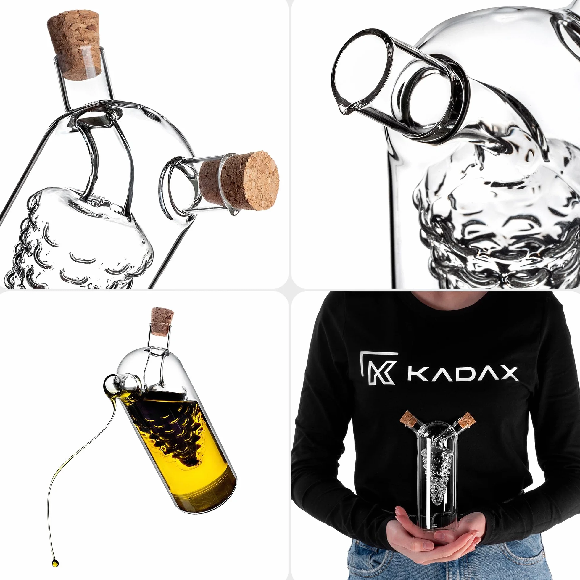 KADAX Szklany dozownik do oliwy i octu z korkiem 300 ml konstrukcja 2 w 1, precyzyjne dozowanie, do sałatek, marynat i gotowania