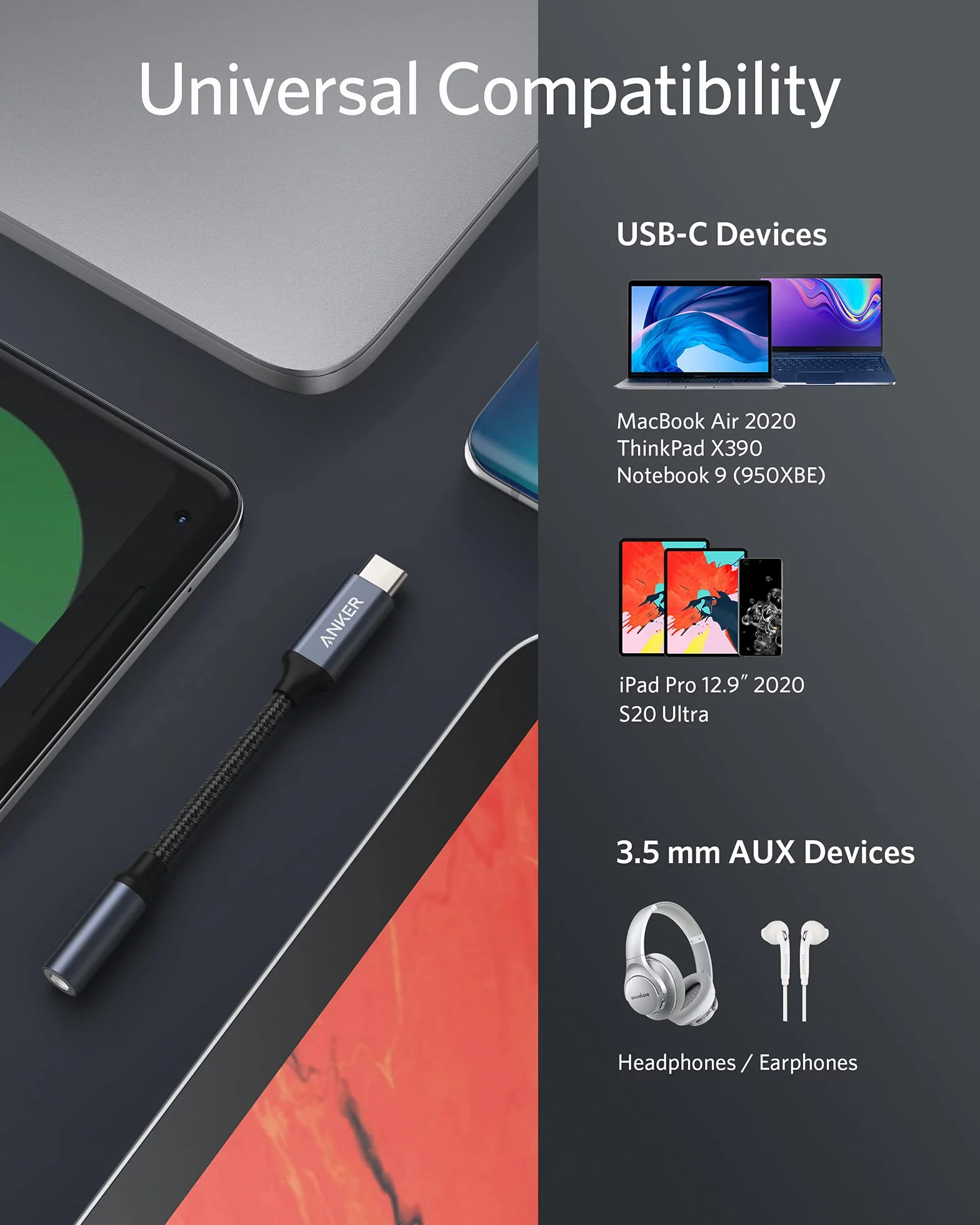 Anker adapter audio USB C na 3,5 mm, kabel nylon od męskiego do żeńskiego dla Samsung S20/S20+/S20 Ultra, Pixel 4/ + 4XL i innych urządzeń typu C