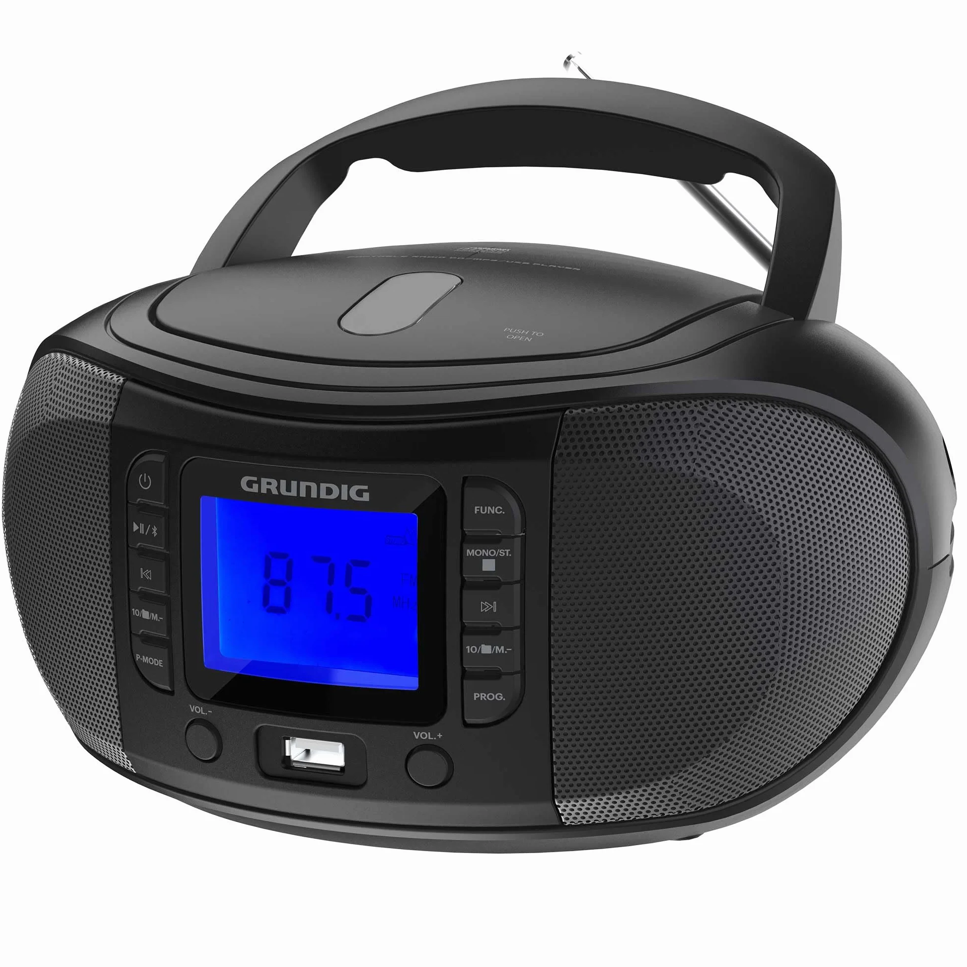 GRUNDIG GRB 3500 przenośne radio Boombox z Bluetooth, wbudowany odtwarzacz CD, złącze USB 2.0, gniazdo słuchawkowe 3,5 mm, część odbiorcza FM z funkcją regulacji częstotliwości PLL, pamięć 30 stacji,